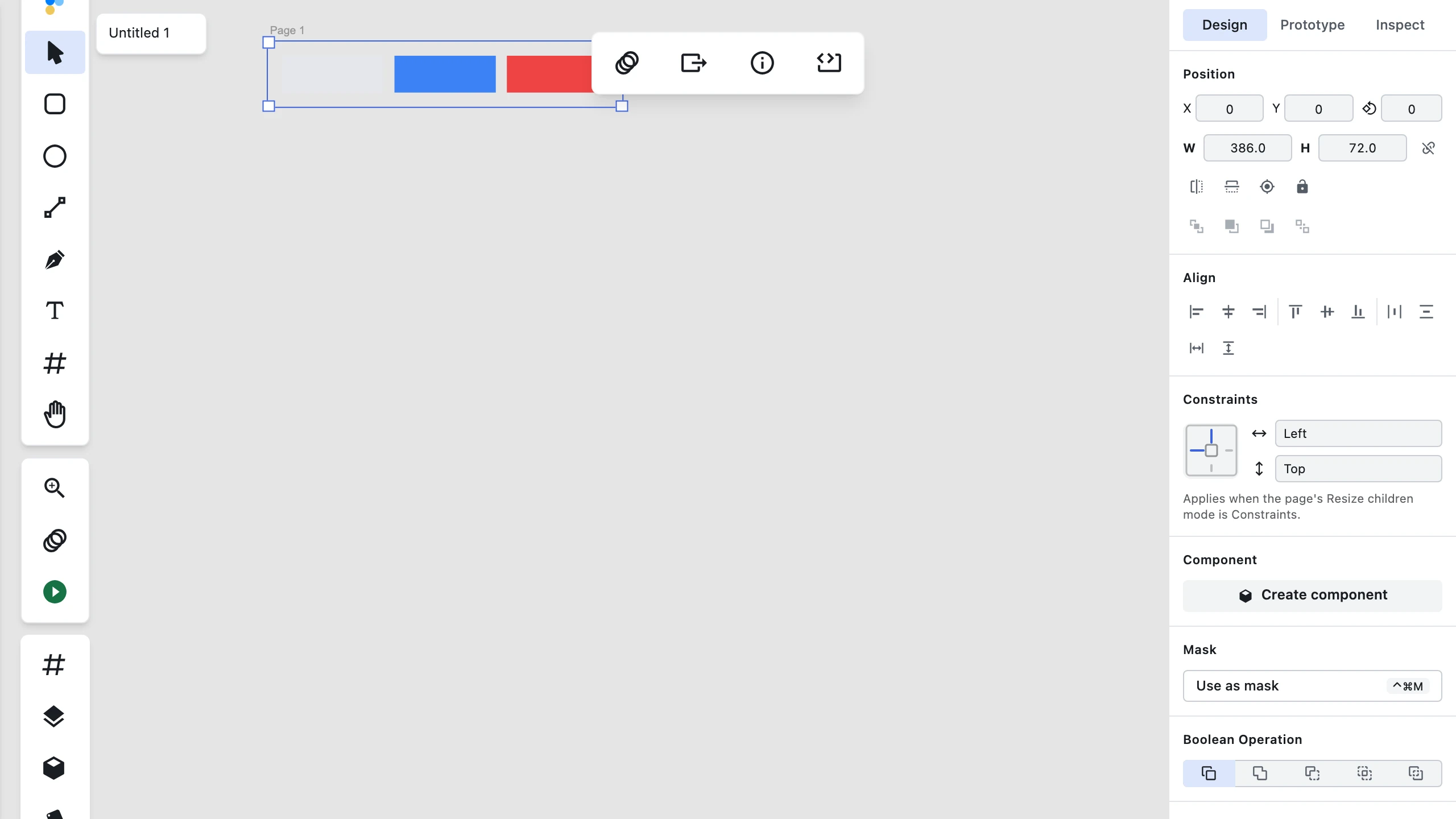 A finished auto-layout button bar in Figpea: three buttons spaced evenly in a horizontal stack with padding around the group.