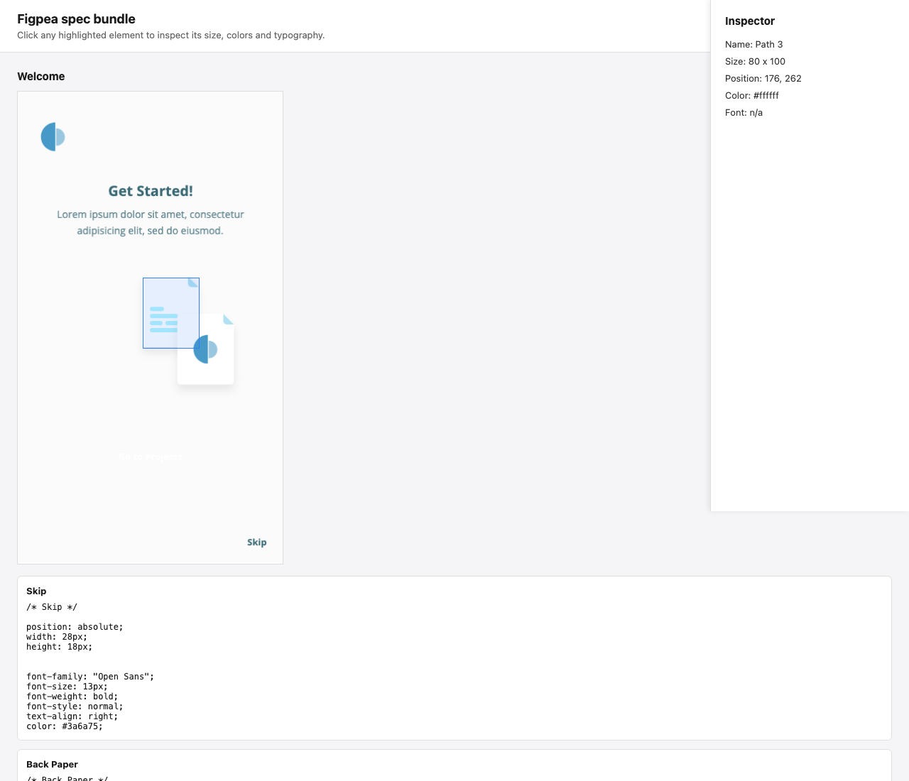 The Figpea spec bundle opened as a local HTML file, showing a rendered artboard next to an Inspector panel reporting a selected element's size, position, color, and font alongside copyable CSS.