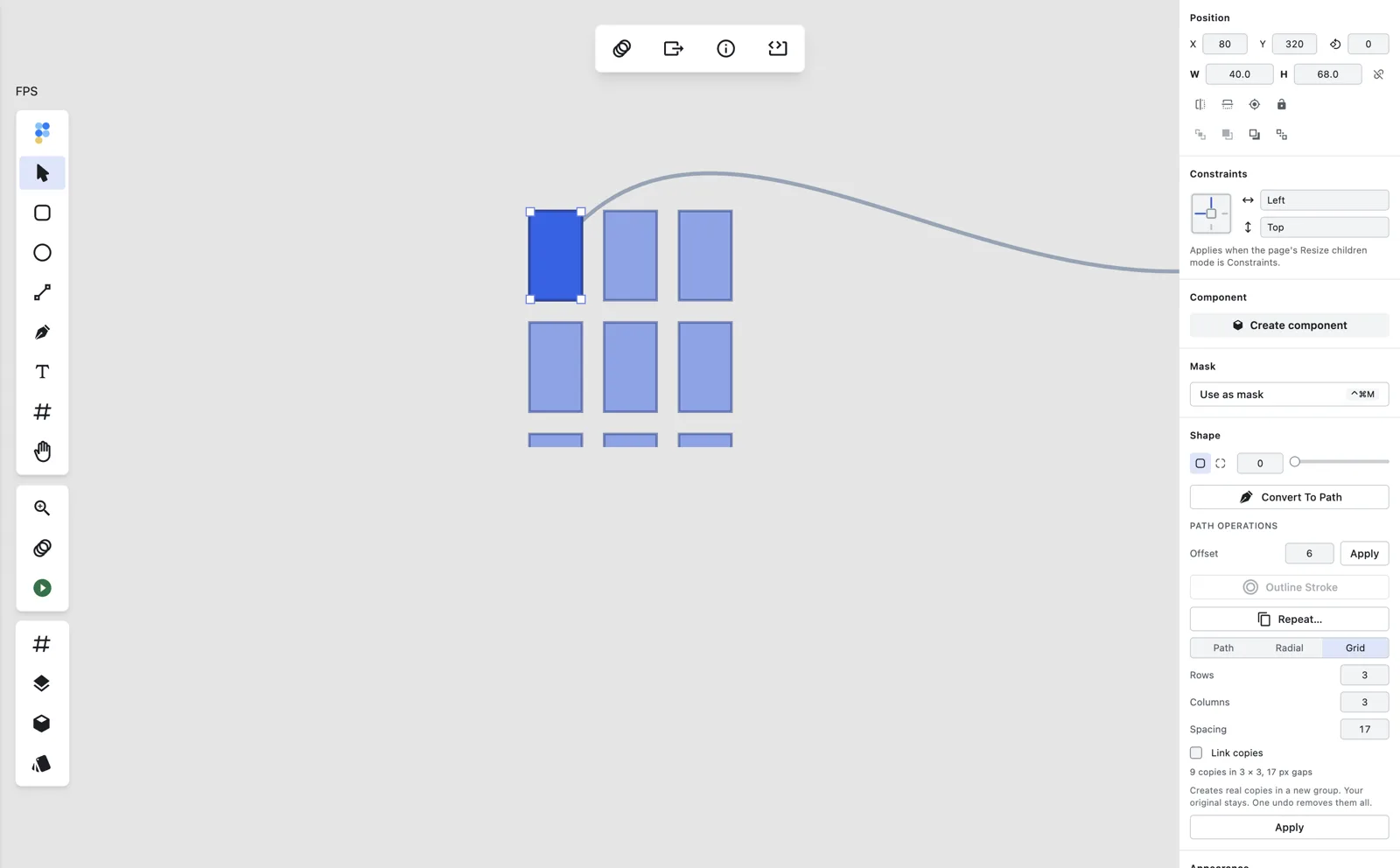 Grid mode repeat live preview showing 3x3 ghost grid on canvas