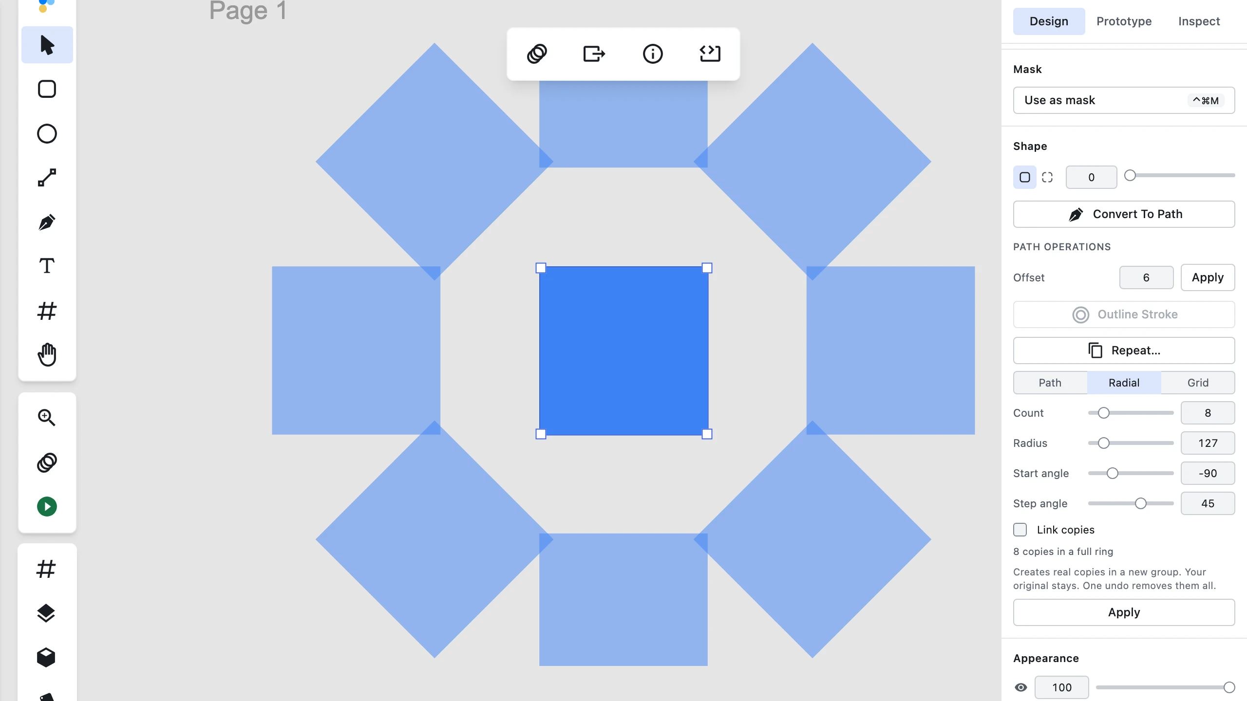 Figpea Inspector panel showing the Repeat cluster in Radial mode with range sliders paired alongside numeric fields for Count, Radius, Start angle, and Step angle