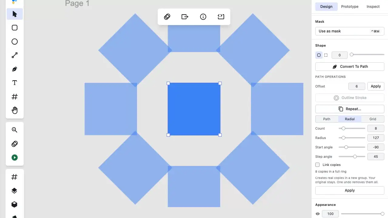 Animated demonstration of dragging the Radius slider in the Figpea Repeat panel with real-time on-canvas ghost preview updates