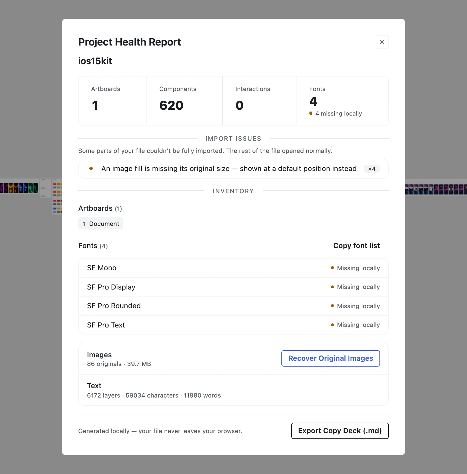 Figpea's Project Health Report dialog for the imported Figma file ios15kit, showing an Import issues row that reads "An image fill is missing its original size — shown at a default position instead" with a ×4 occurrence badge