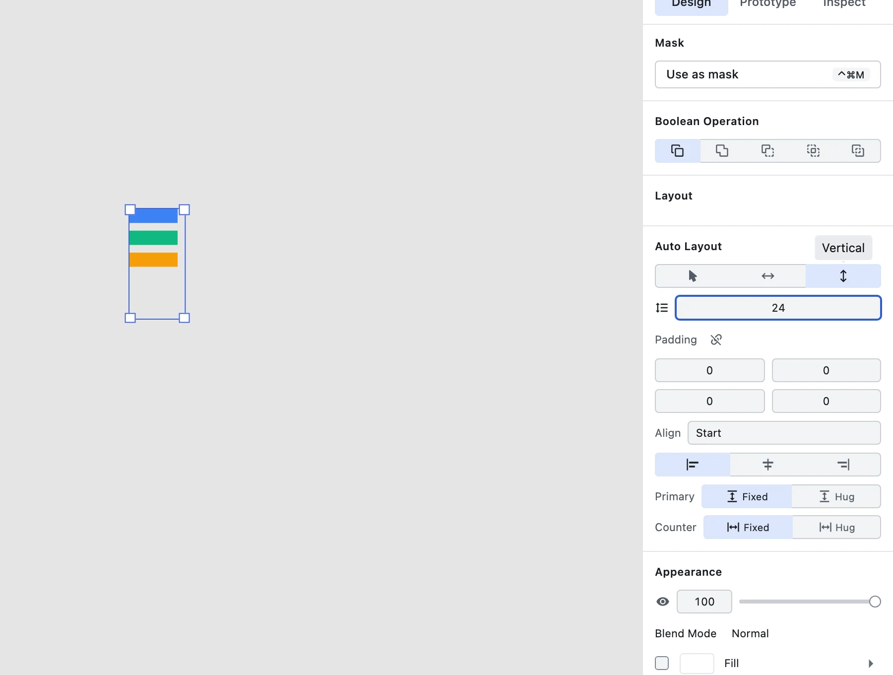 The end state of the same capture at rest: after enabling Vertical auto layout the group frame has not moved from its original position