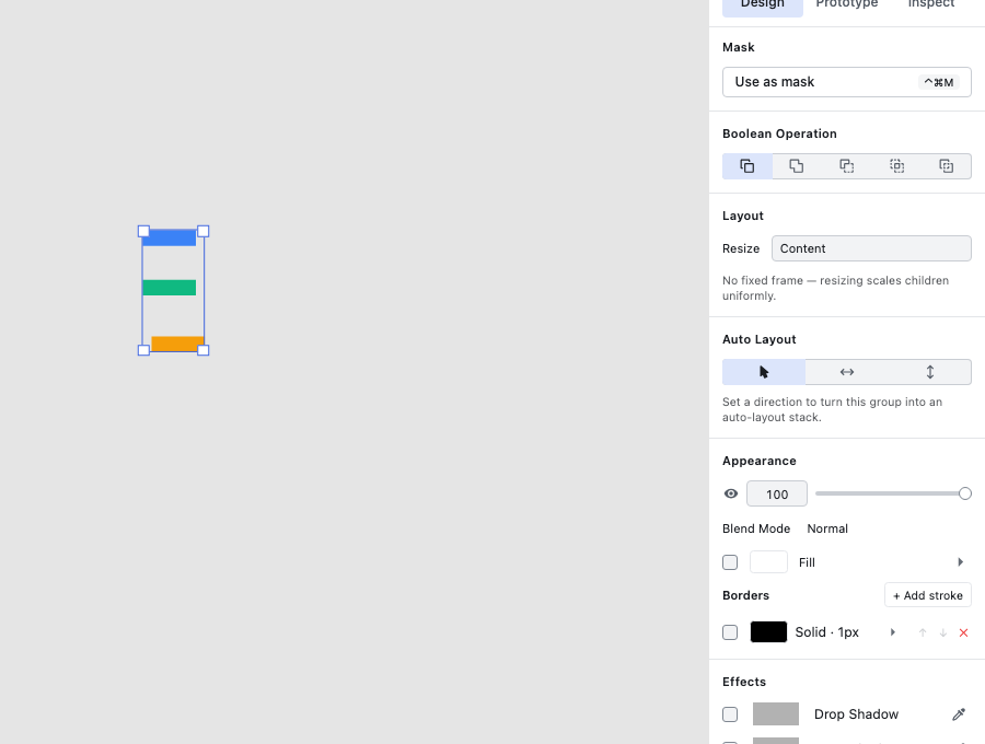 Enabling Vertical auto layout on a group parked away from the canvas origin: the children re-pack top to bottom while the outer frame stays exactly where it was placed
