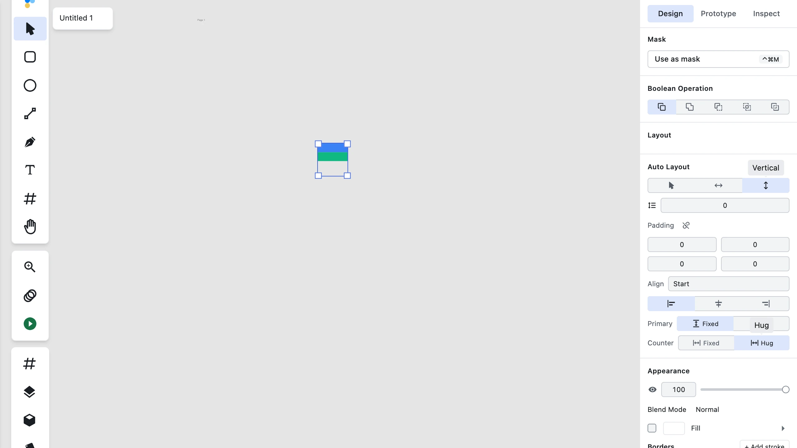 A single group selected in the inspector with Auto layout active: the Auto layout panel is populated, and the Layout → Resize section is absent until Auto Layout is switched back to None