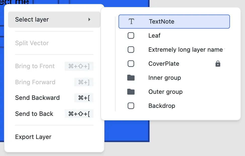 The Select layer submenu listing every layer under the cursor with type icons and a padlock icon on the locked layer.