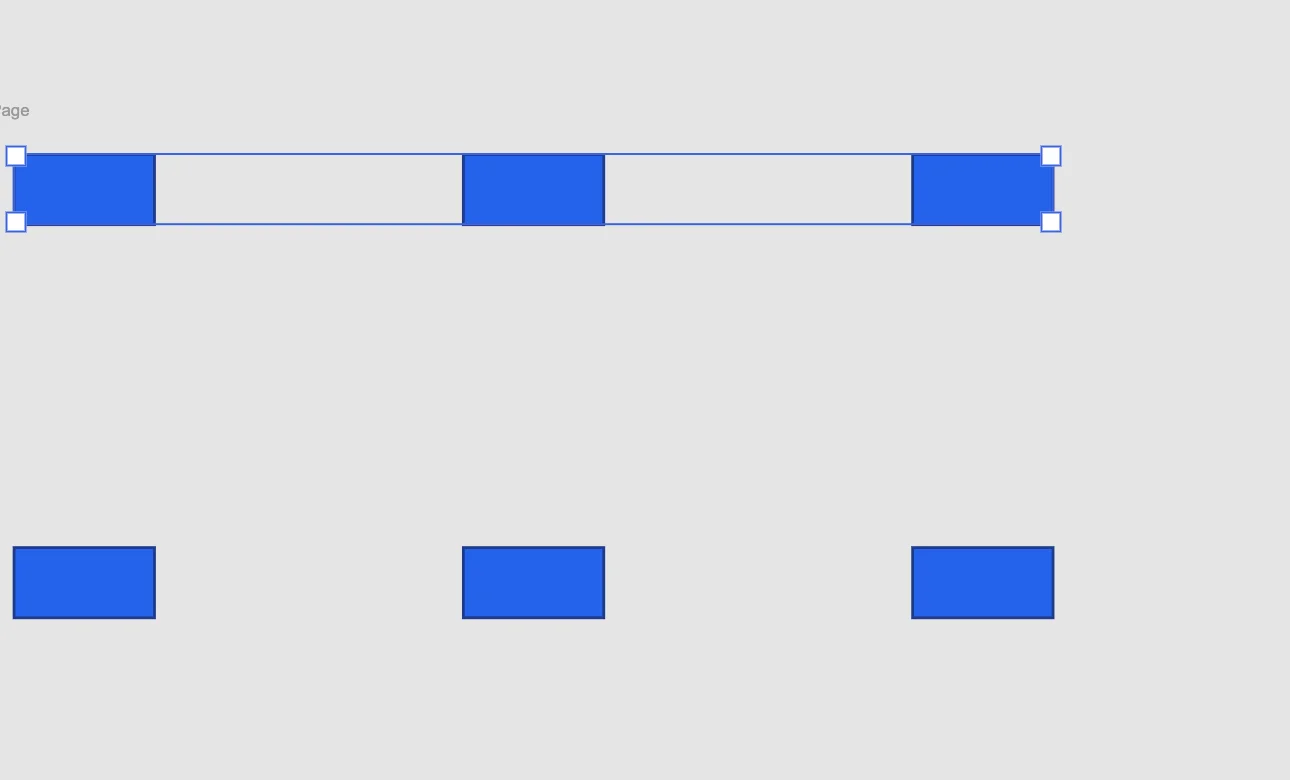 Three Header rectangles selected together across three sibling frames — one shared transform bounding box spans all three — while the unmatched Footer rectangles below stay unselected.