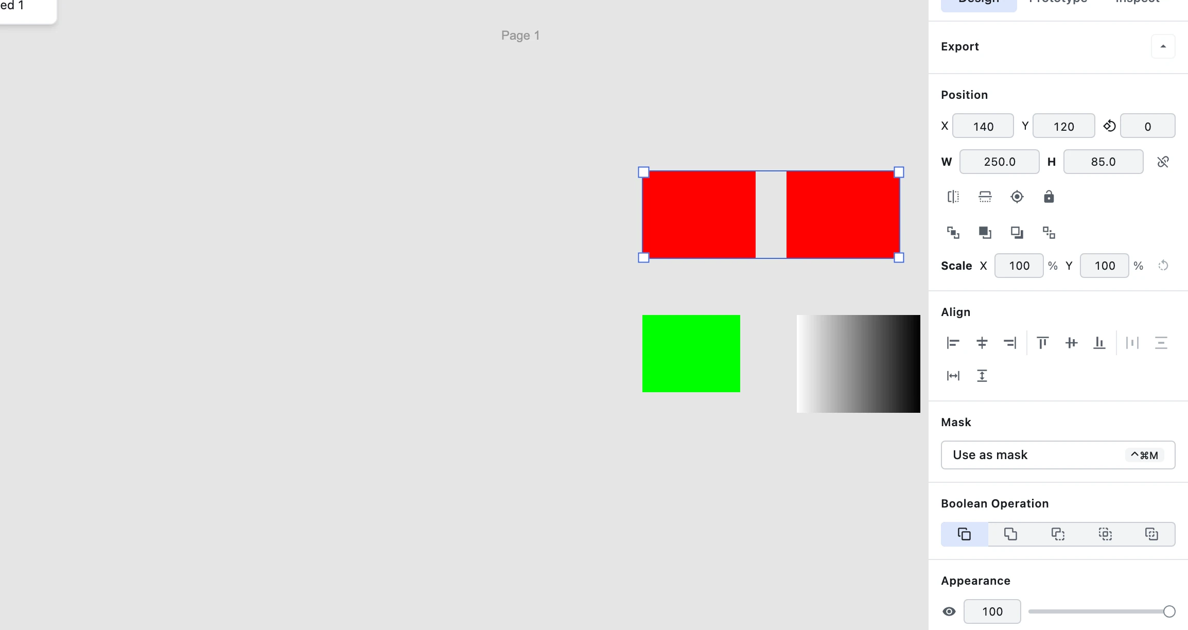 End state: both red rectangles selected together while the green and gradient rectangles stay unselected.