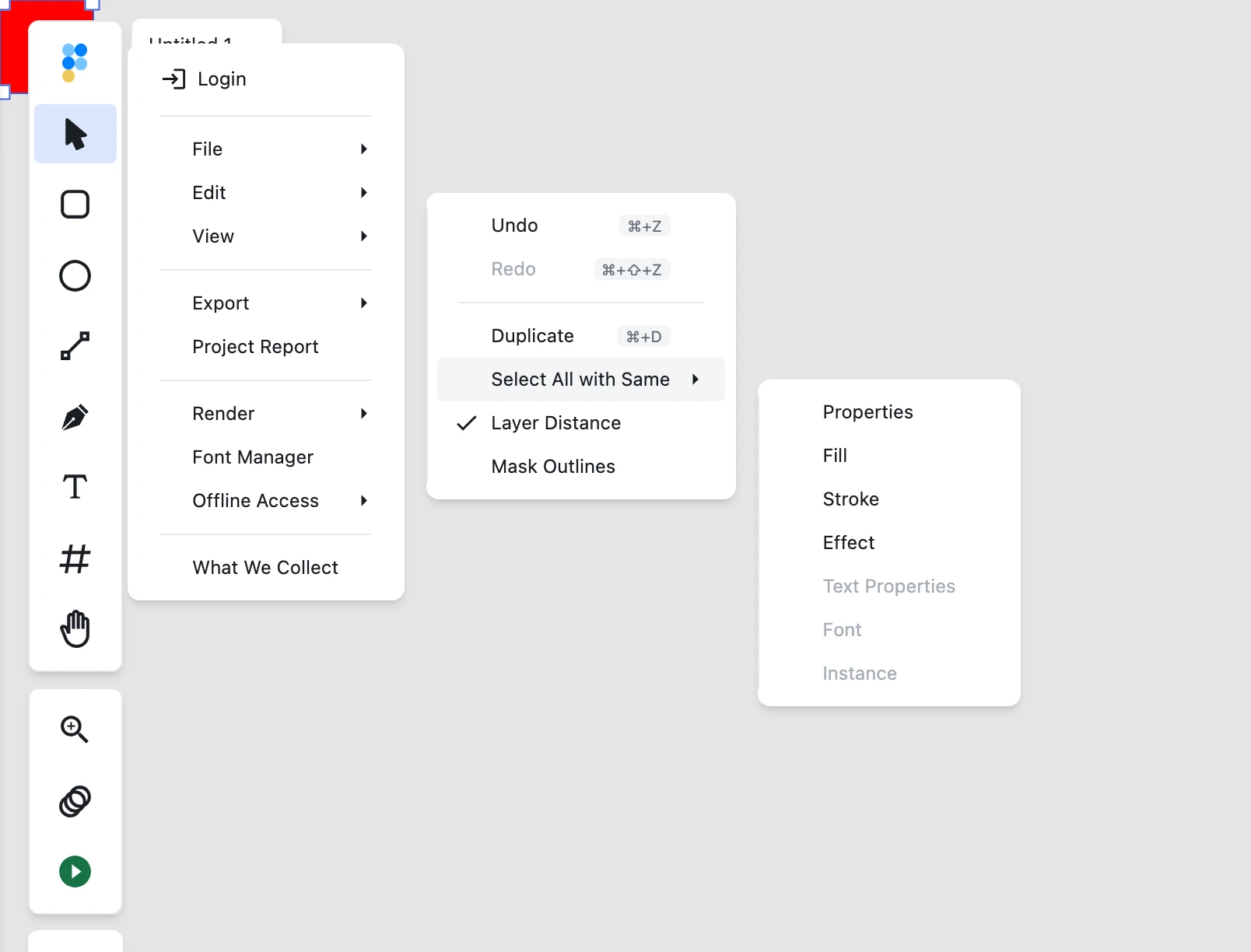The Edit menu's Select All with Same submenu listing all seven variants — Fill enabled on a selected red rectangle while Font is disabled because no text layer is selected.