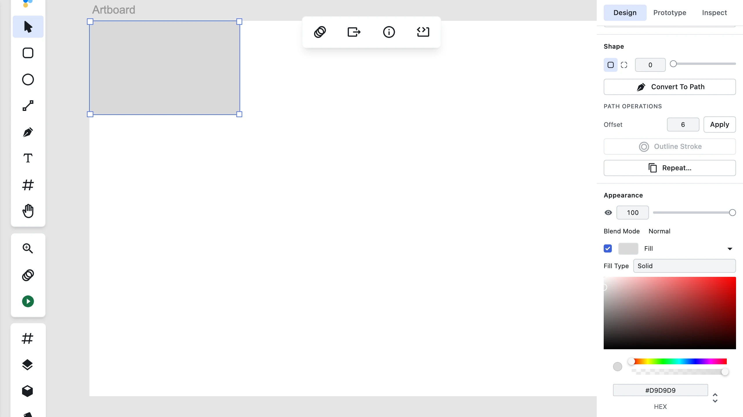 A newly drawn rectangle on a white artboard in Figpea, rendered with a visible neutral grey default fill and active selection handles.