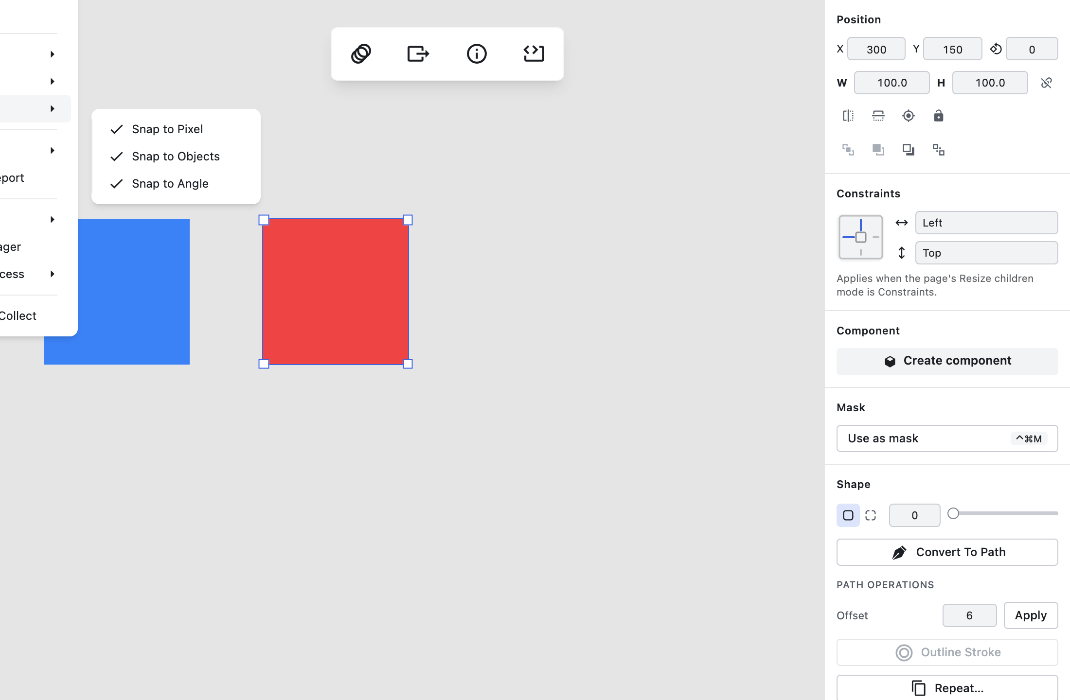 Animated WebP showing snap settings toggles in Figpea's View menu and drag behavior with Snap to Objects on vs off.