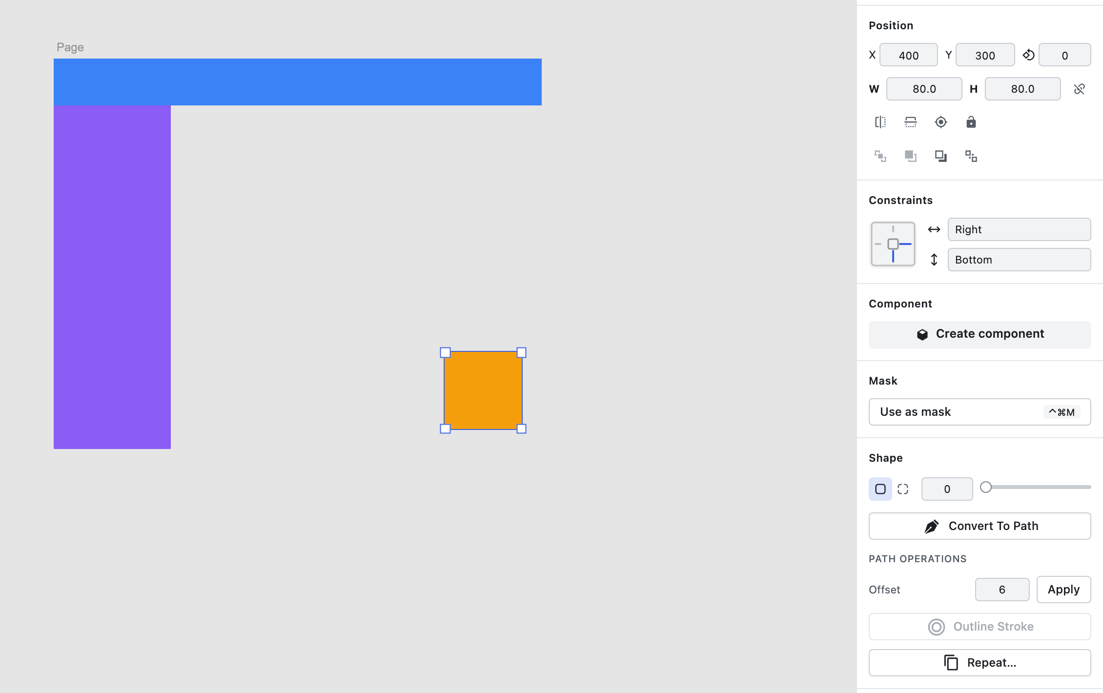 A Constraints-mode page widening from 500 to 700 pixels: the top bar stretches full-width while a Right and Bottom pinned action button tracks the bottom-right corner.