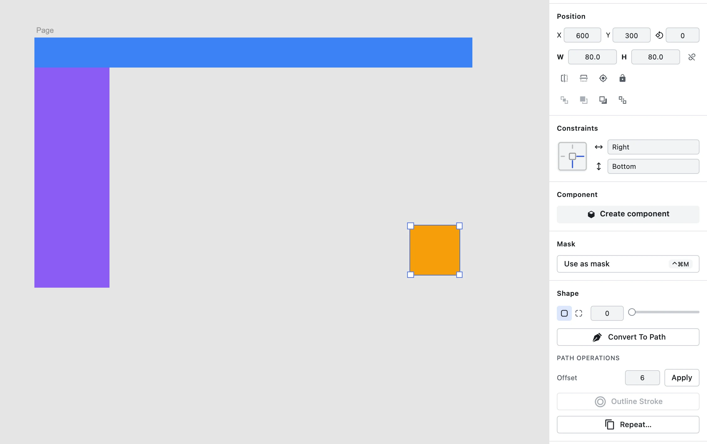 Widened Constraints-mode page with a full-width top bar, a full-height sidebar, and an action button welded to the bottom-right corner after reflow.