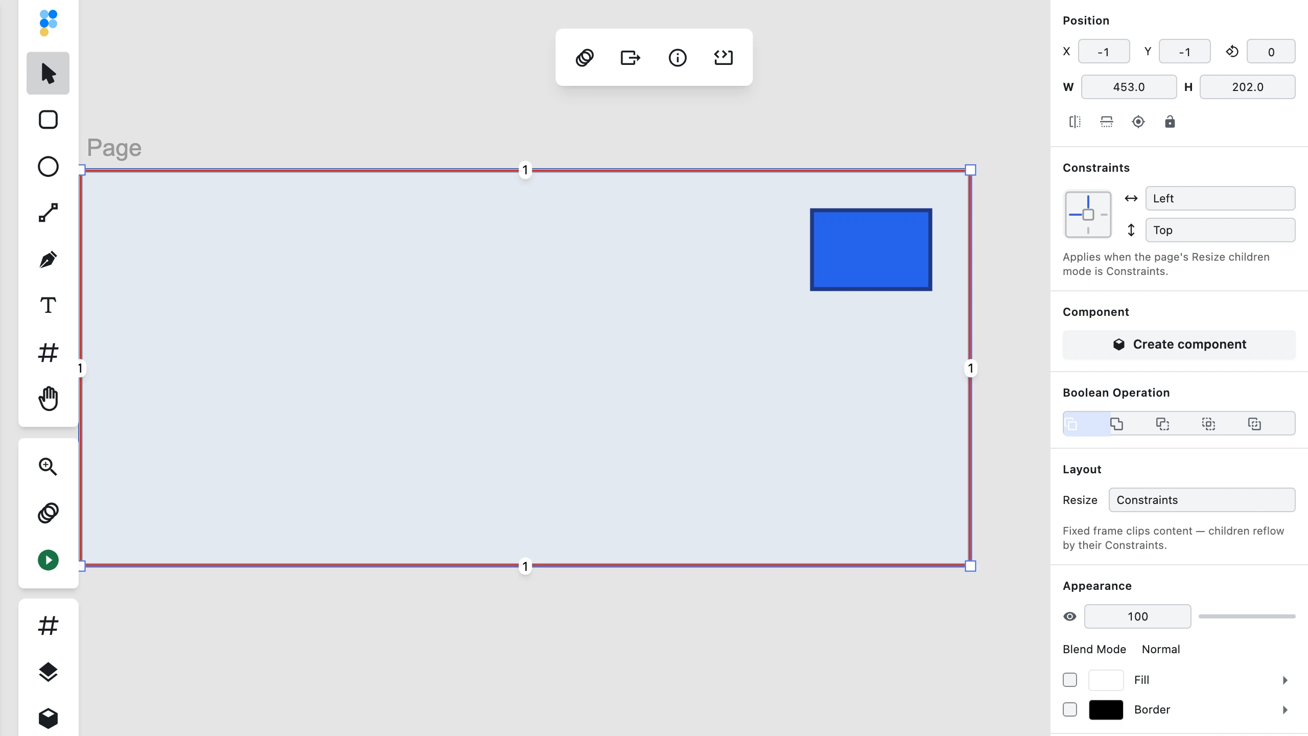 A Figpea group in Constraints mode after being widened: a Right-pinned child rectangle stays welded to the group's moving right edge, its gap from that edge unchanged
