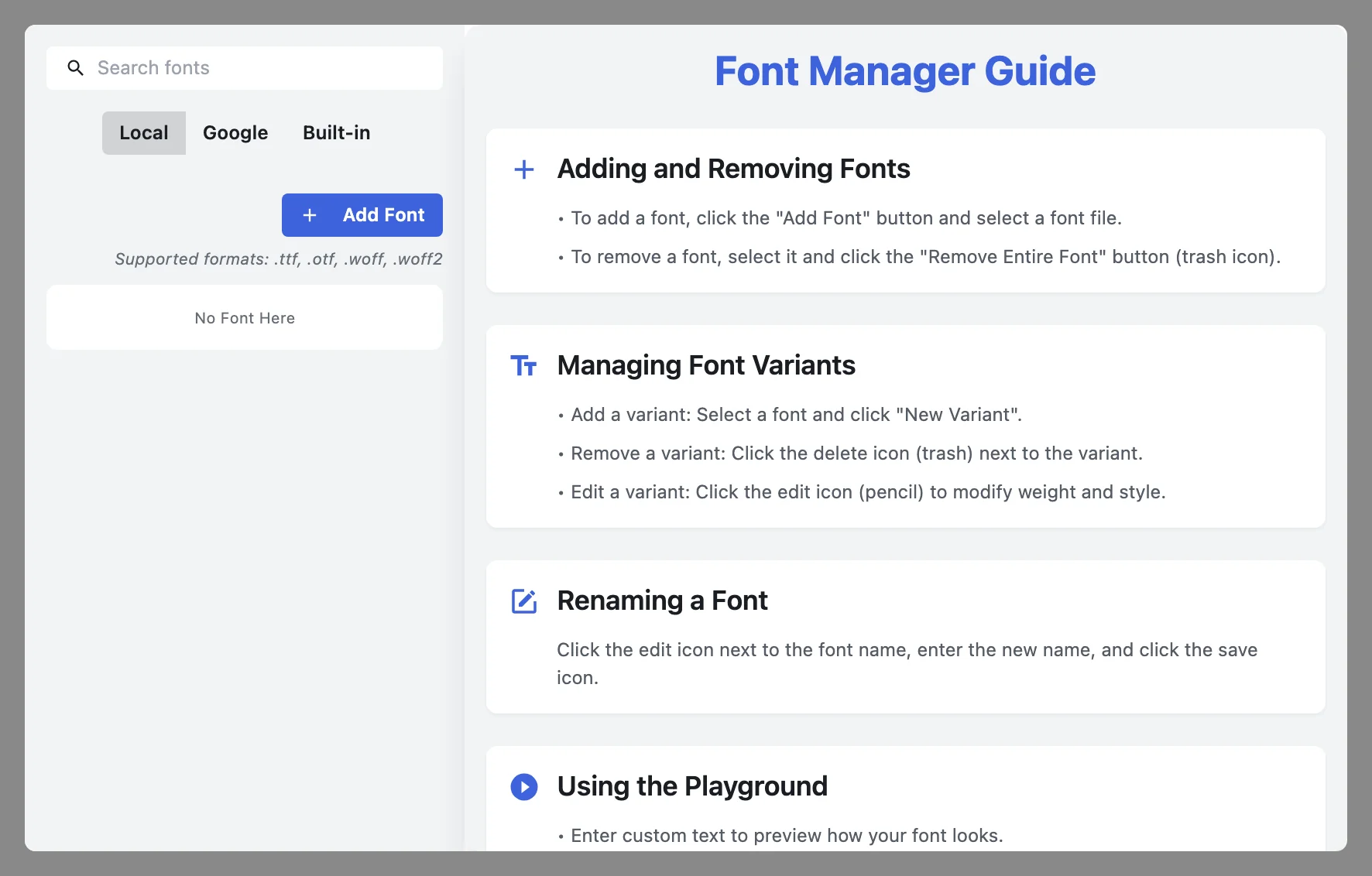 Adding a local CJK font in Figpea: the Font Manager's Local tab starts empty, the Pretendard font file is added via the Add Font button, and the Font Playground then renders live Korean sample text in the newly added font.