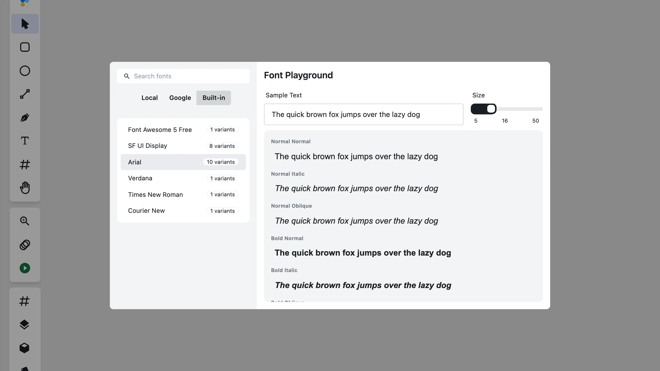 The Figpea editor's Font Manager panel open, showing the Local, Google, and Built-in font-library tabs with search, and the Built-in library's Arial font selected with its variant details and live text-preview playground on the right.