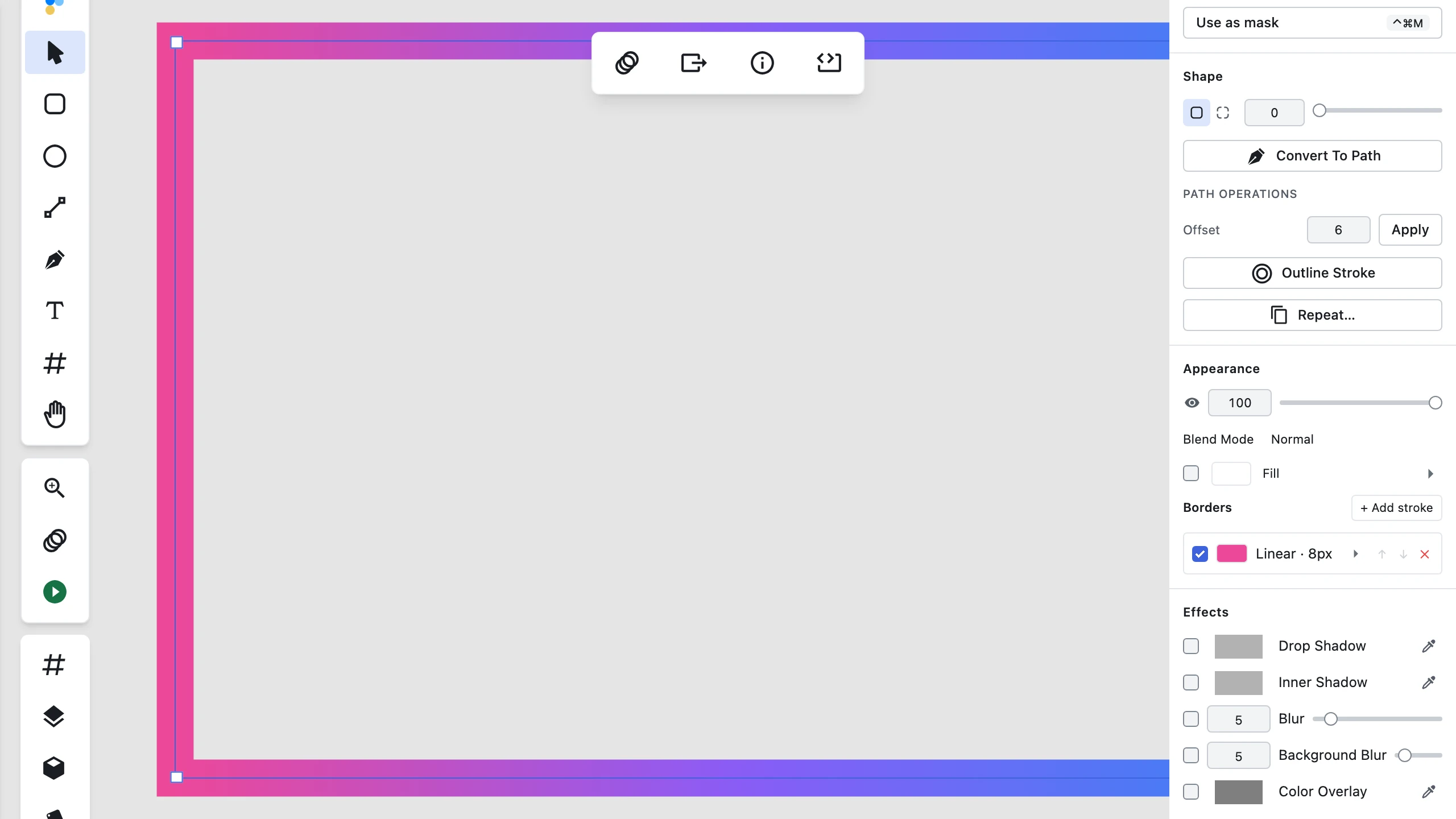 Figpea Border inspector panel showing rich gradient stroke controls with multiple color stops and stroke width settings