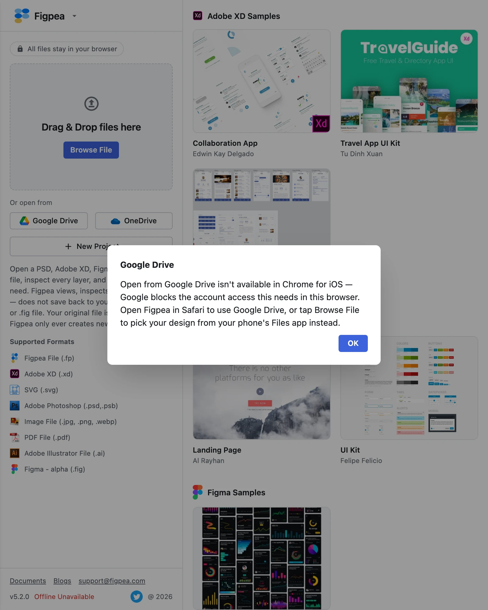 Figpea's welcome screen on a narrow window with a dialog headed "Google Drive" reading "Open from Google Drive isn't available in Chrome for iOS — Google blocks the account access this needs in this browser. Open Figpea in Safari to use Google Drive, or tap Browse File to pick your design from your phone's Files app instead.", with an OK button, over the sidebar's Drag & Drop zone, Google Drive and OneDrive buttons, and supported-formats list