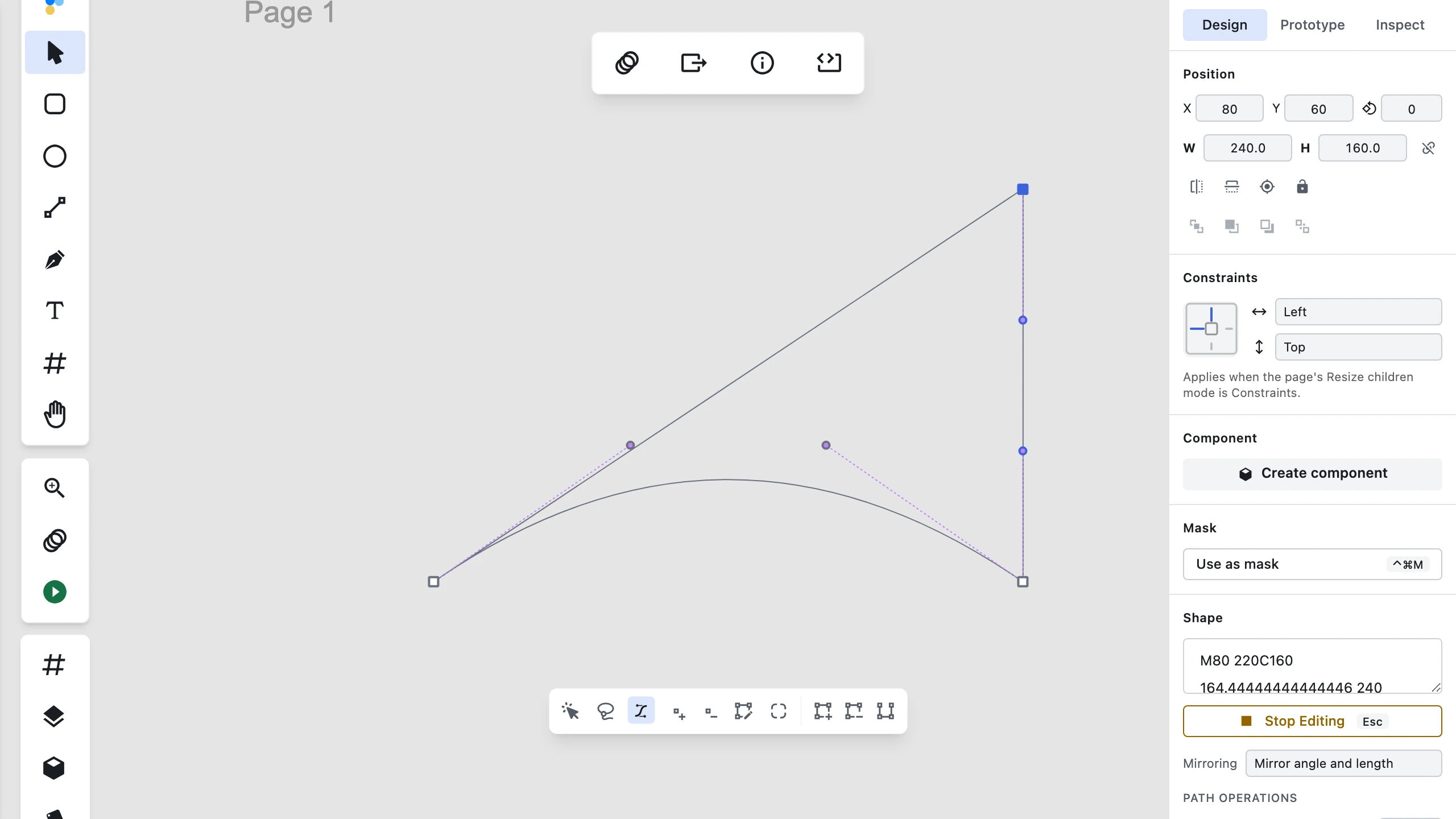 Figpea's vector edit mode with the Bend tool active in the expanded sub-toolbar, a path segment pulled into a smooth curve with its two bounding anchors showing dashed purple handle arms, and the inspector's Mirroring control on the right reading "Mirror angle and length"