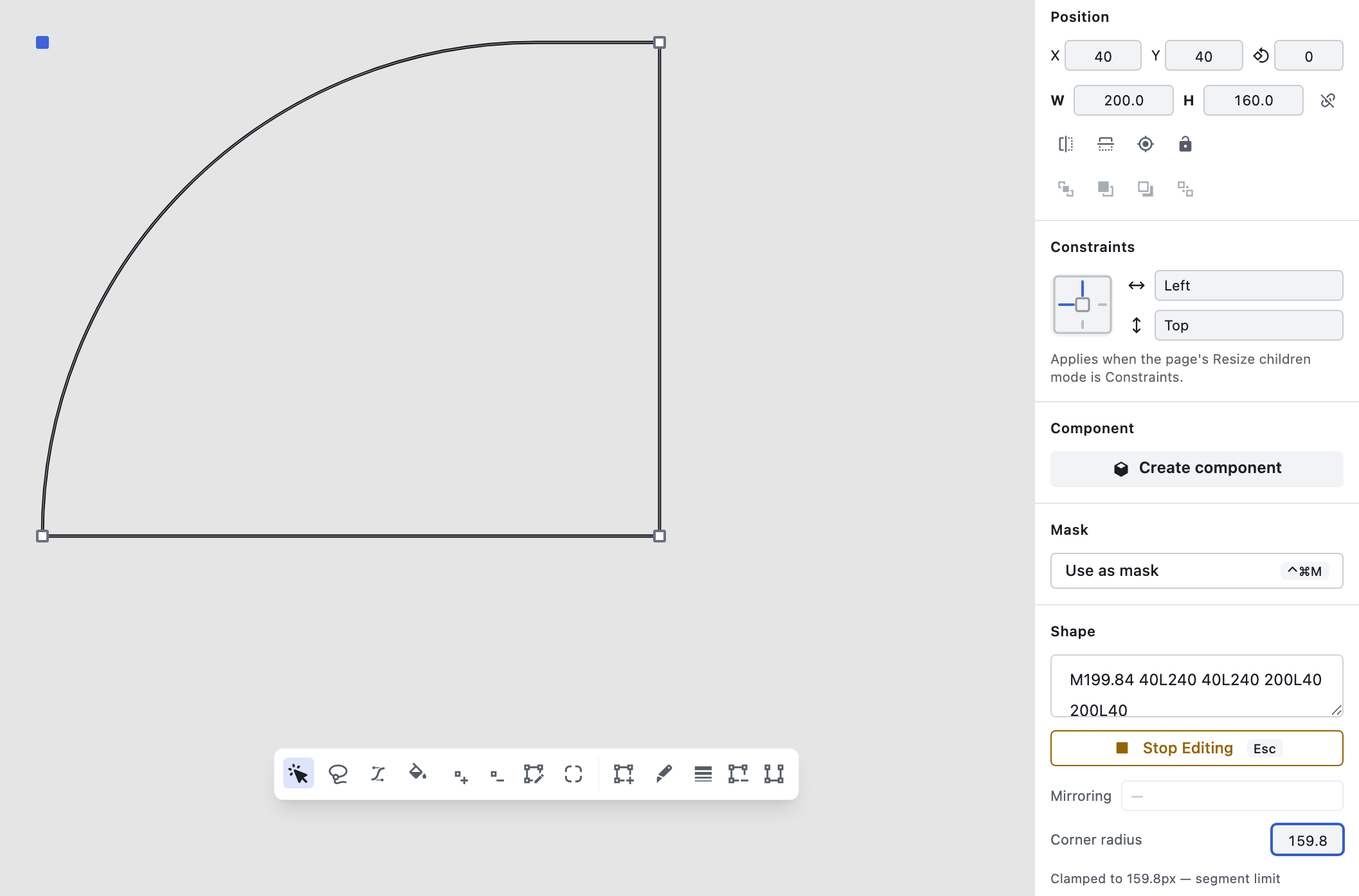 Typing a corner radius larger than the adjacent segments allow in Figpea: the value is automatically clamped and the applied value is shown back in the Corner radius field.
