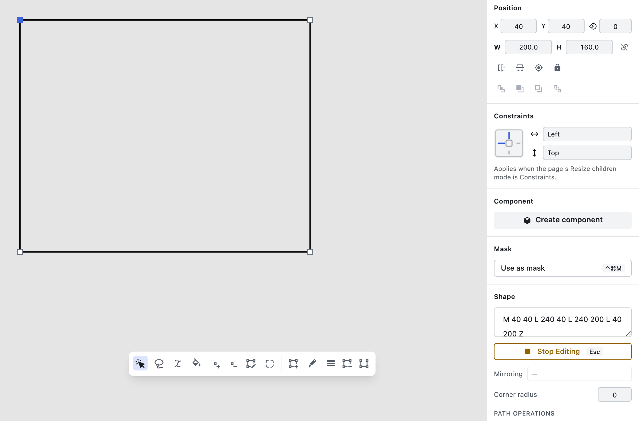 Typing a corner radius larger than the adjacent segments allow in Figpea: the value is automatically clamped and the applied value is shown back in the Corner radius field.