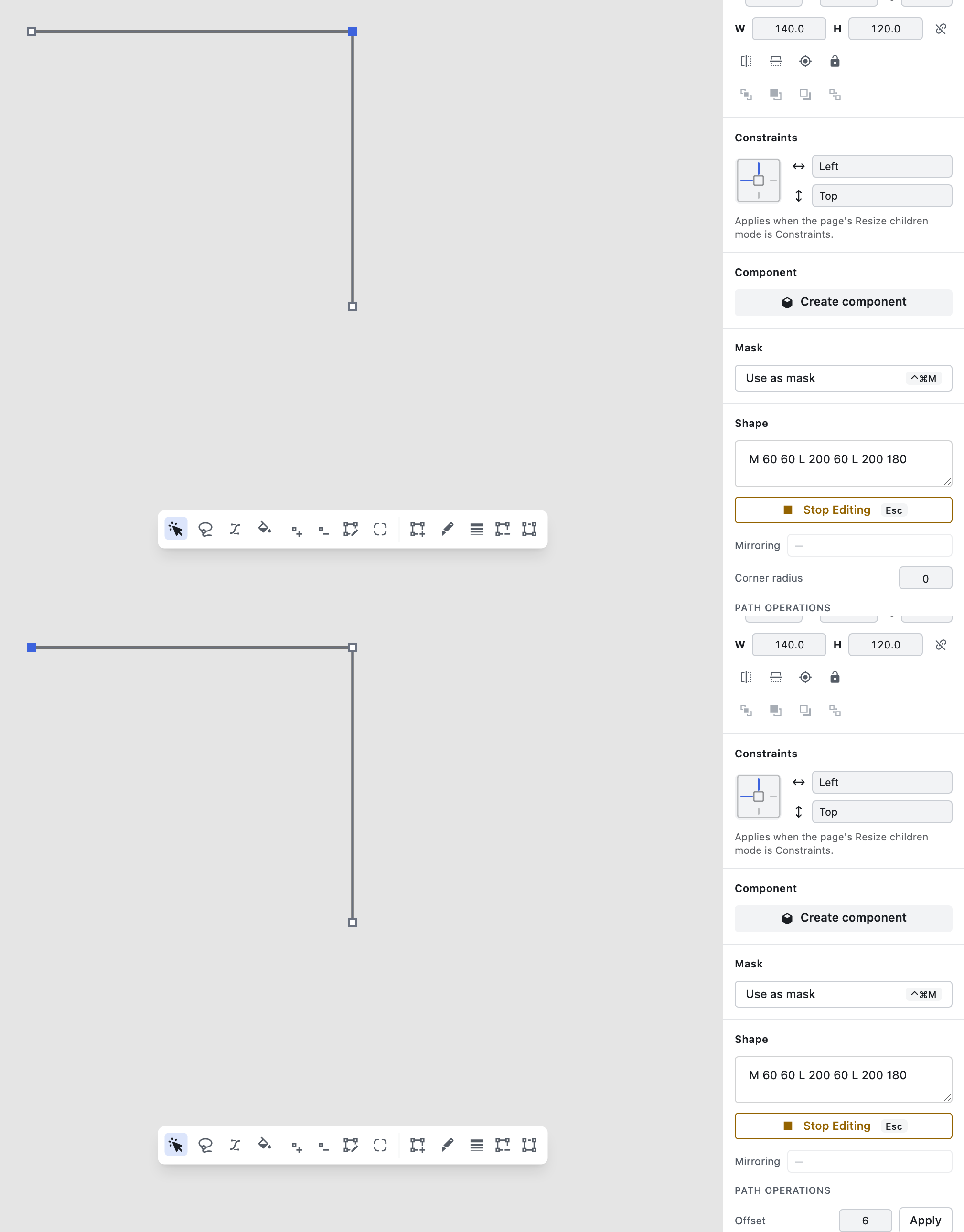 An open path in Figpea's vector editor: selecting a corner shows the Corner radius field; selecting only an open endpoint does not.