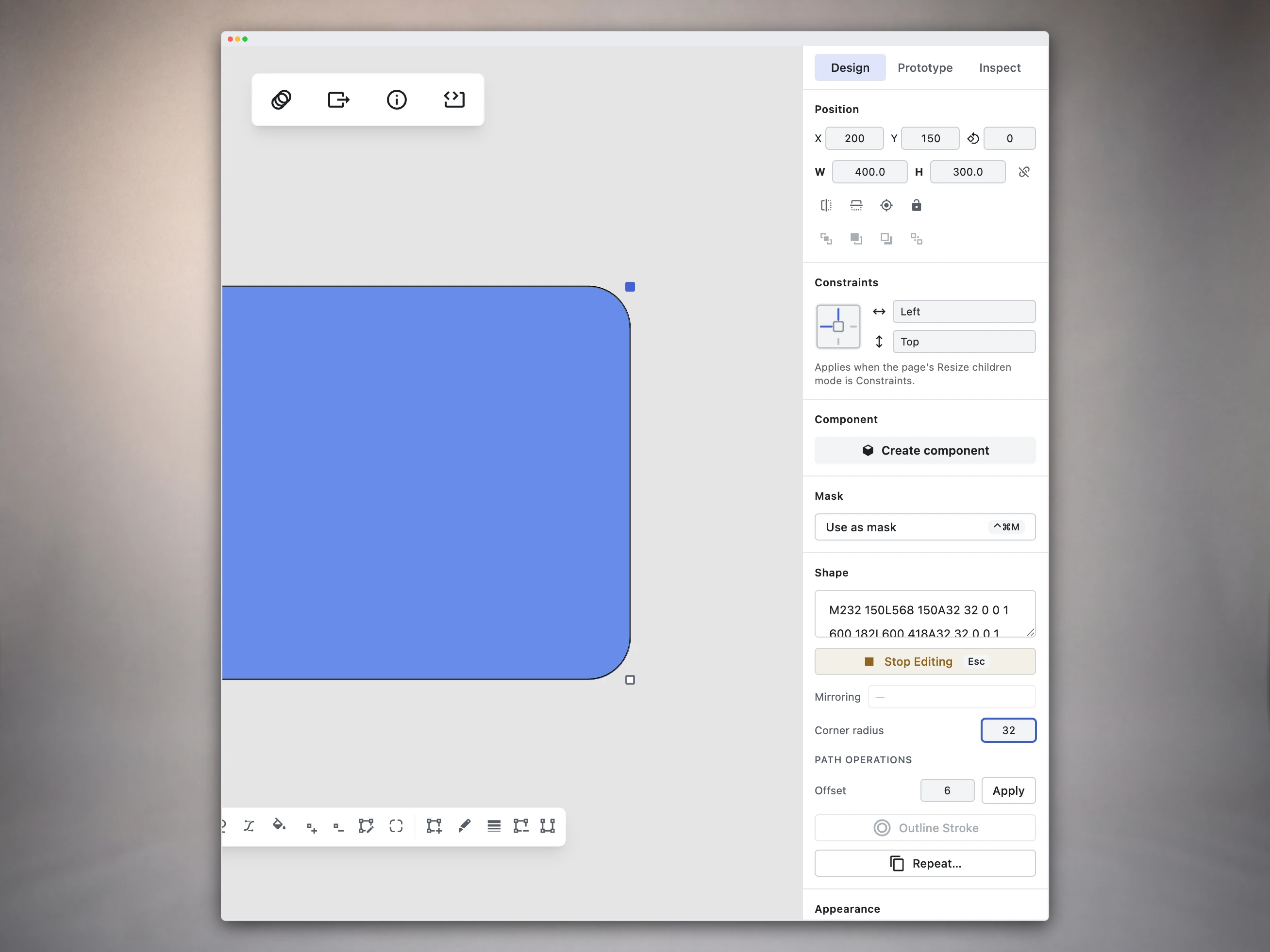 Figpea Vector Inspector panel in vector edit mode displaying the Corner radius input property for a selected anchor point.