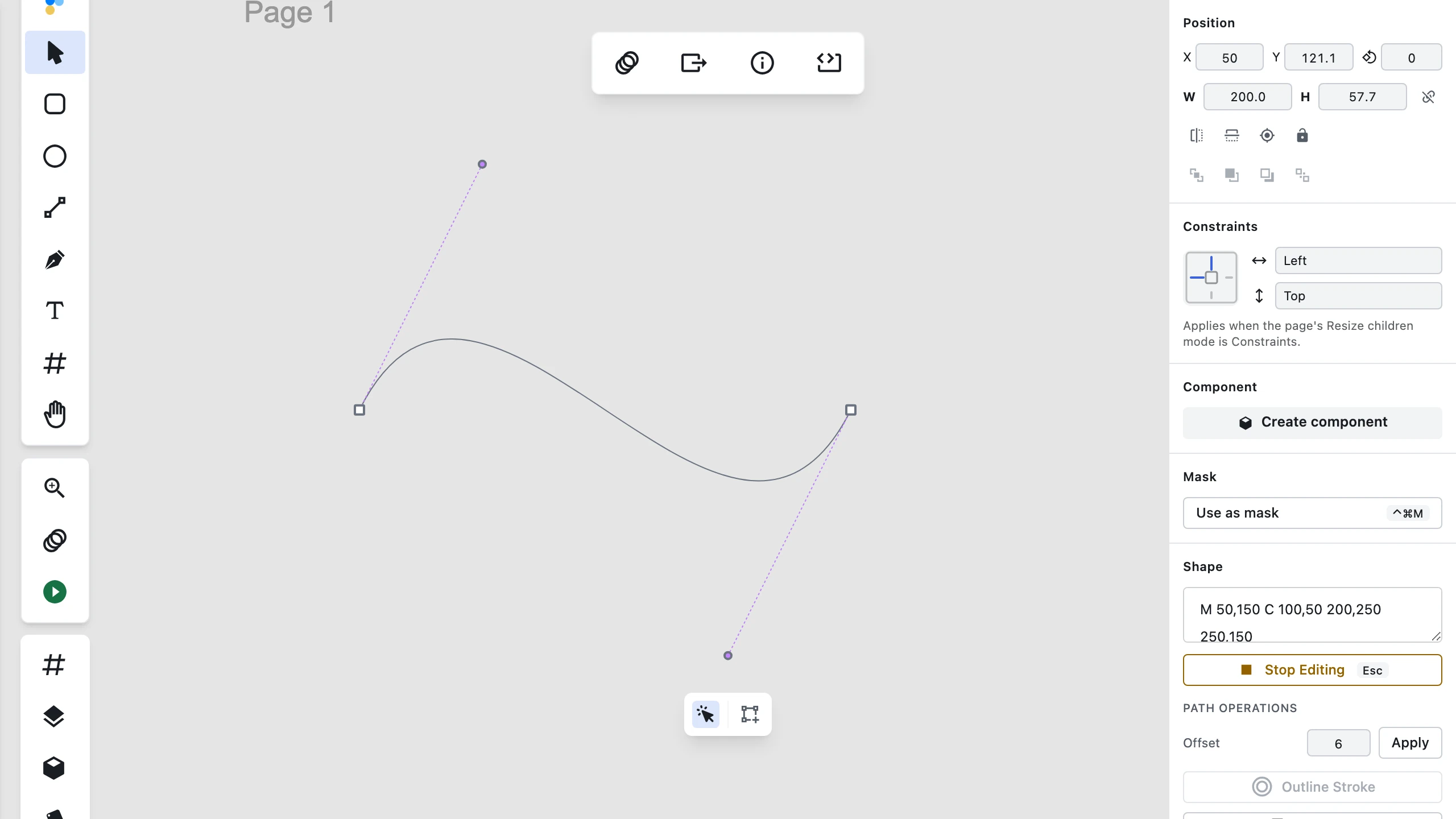 Entering vector edit mode on a path layer in Figpea using the Enter keyboard shortcut