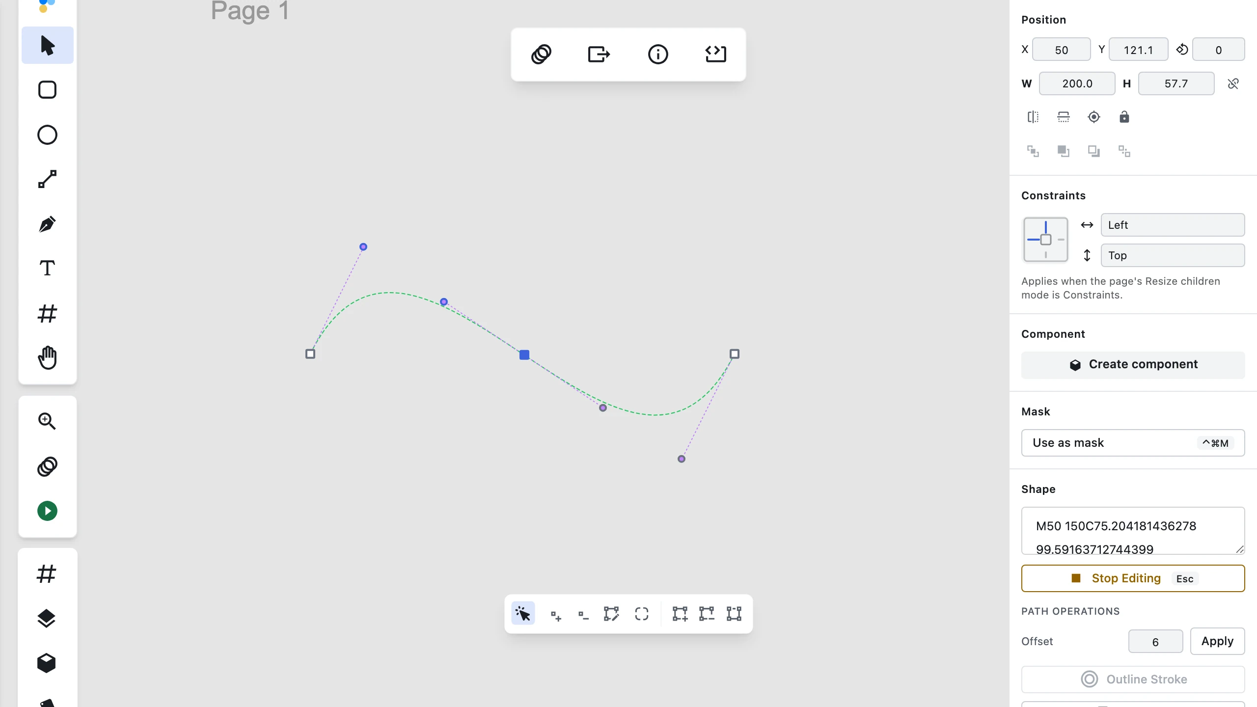 A curve open in Figpea's vector edit mode with an anchor sitting on the path between its two endpoints, its bézier handles extended above and below the curve, the curve running through it unbroken, and the Select sub-tool active in the vector-edit toolbar
