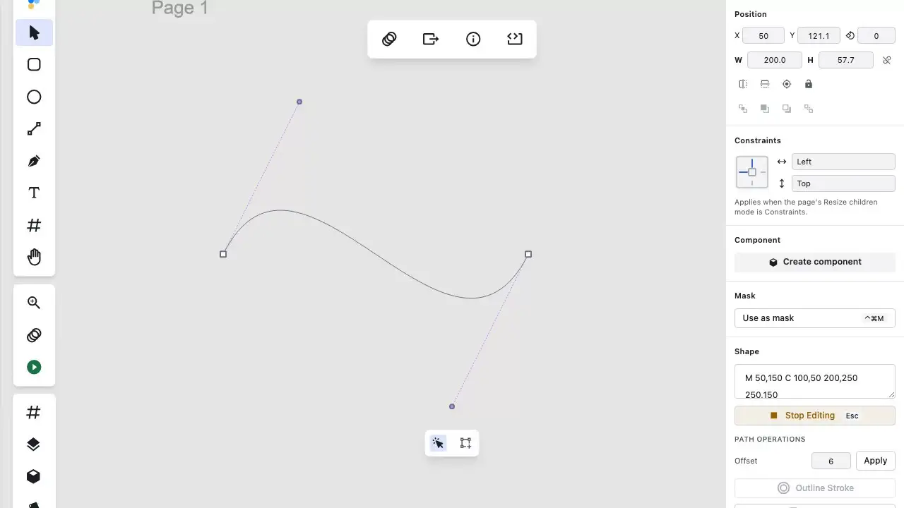Inserting a shape-neutral anchor point on a vector path segment using the Pen tool in Figpea