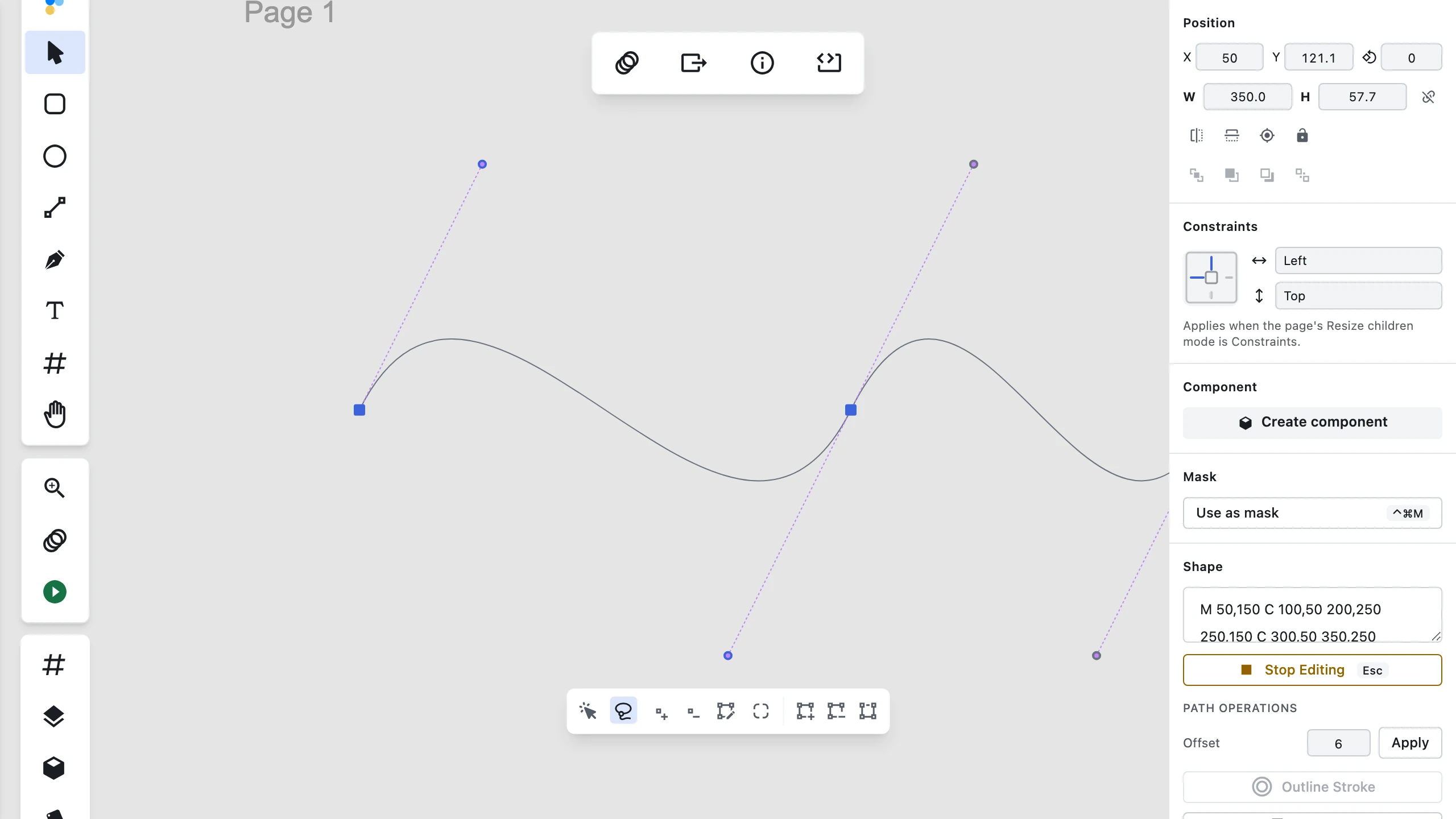 Figpea's vector edit mode with the Lasso tool active and highlighted in the sub-toolbar, an S-curve on the canvas whose four anchors are shown as two filled blue squares (selected) and two open circles (unselected), their bézier handles drawn as dashed purple lines, and the inspector's Stop Editing button and Path Operations section on the right