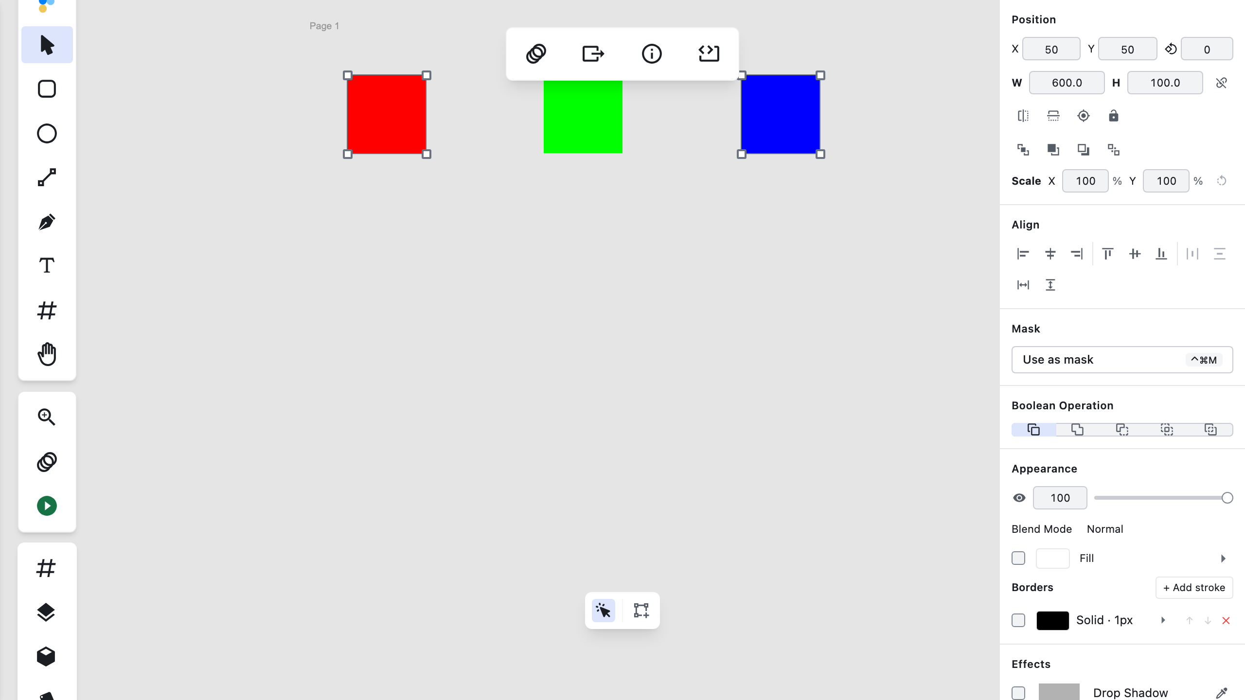 Three rectangles on the Figpea canvas — red, green and blue — with the red and the blue both showing their vector anchor points as small square handles at the same time while the green one shows none, the inspector on the right reporting the combined selection's W 600 and H 100, and the vector-edit sub-toolbar open at the bottom of the canvas