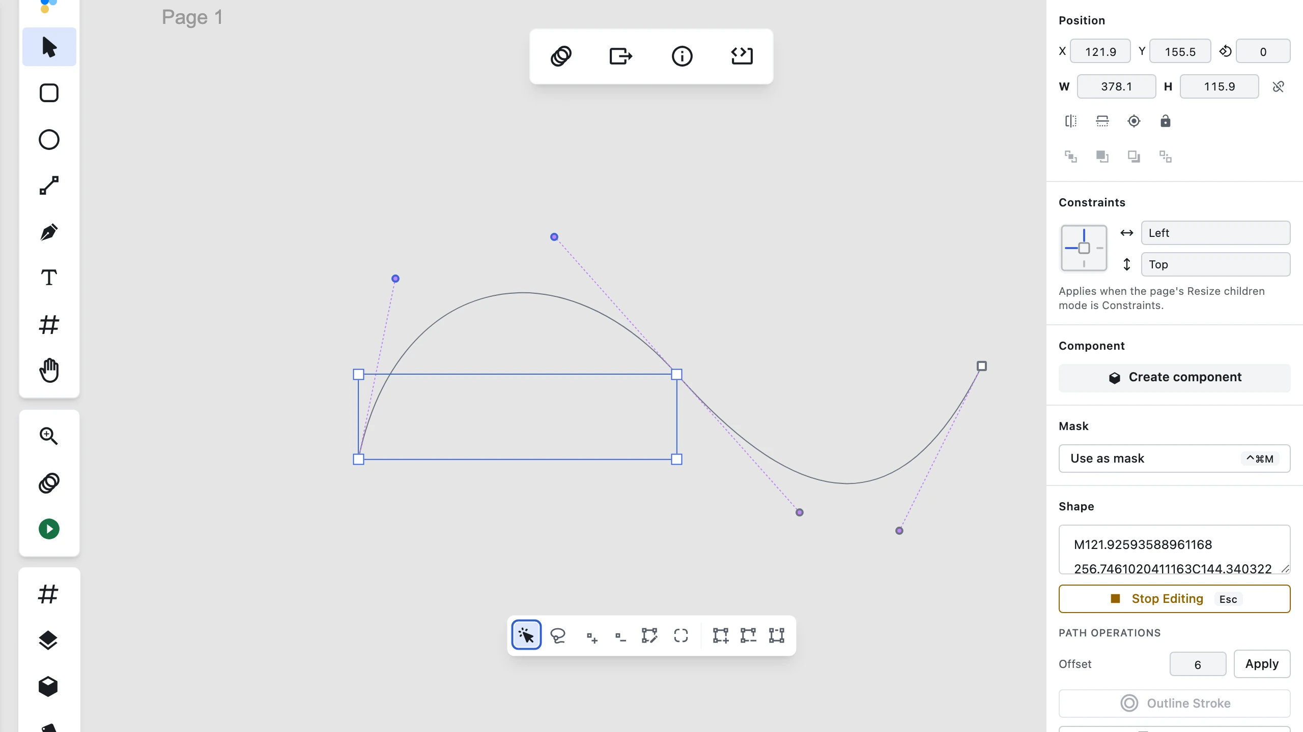 Figpea's vector edit mode with two of a curve's anchors selected and a blue transform box drawn around exactly those two, four square corner handles at its corners, the rest of the curve and its unselected anchors outside the box, and the inspector reporting the selection's position and size on the right