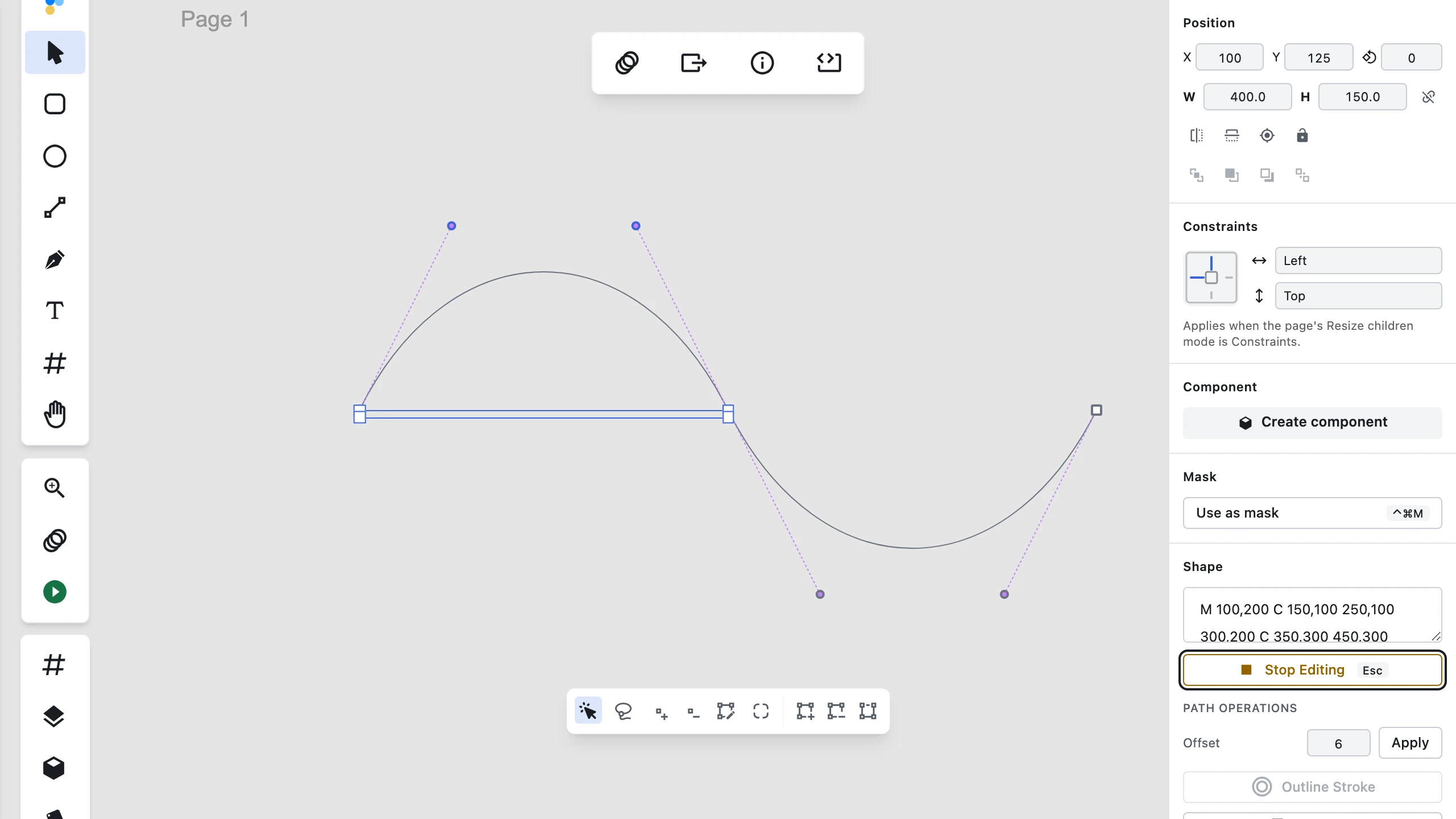 Still screenshot showing the multi-point vector transform bounding box and handles active over selected anchor points in Figpea.