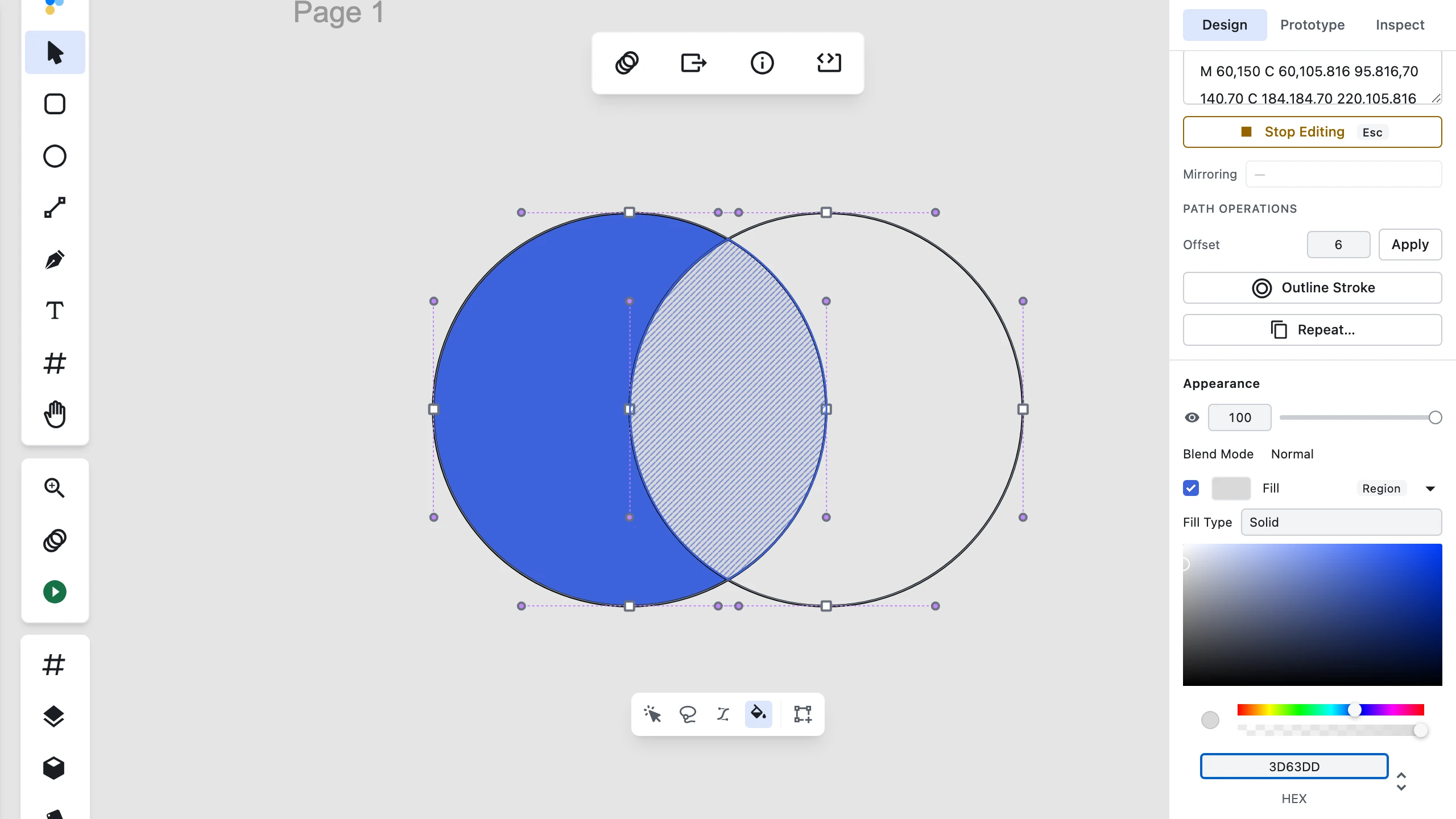 Figpea's vector edit mode with the Paint tool active, two overlapping circles where the left one is filled solid blue, the lens-shaped overlap region is hatched with diagonal stripes under the pointer, and the inspector's Fill section carries a "Region" chip above a solid colour picker reading 3D63DD