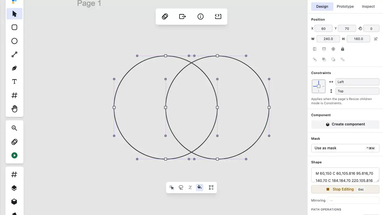 Animation showing the Paint tool in Figpea hovering a closed region of overlapping circles with a diagonal hatch, clicking to fill it, recoloring it through the right sidebar's region-scoped Fill section, and hovering the independently fillable overlap region.