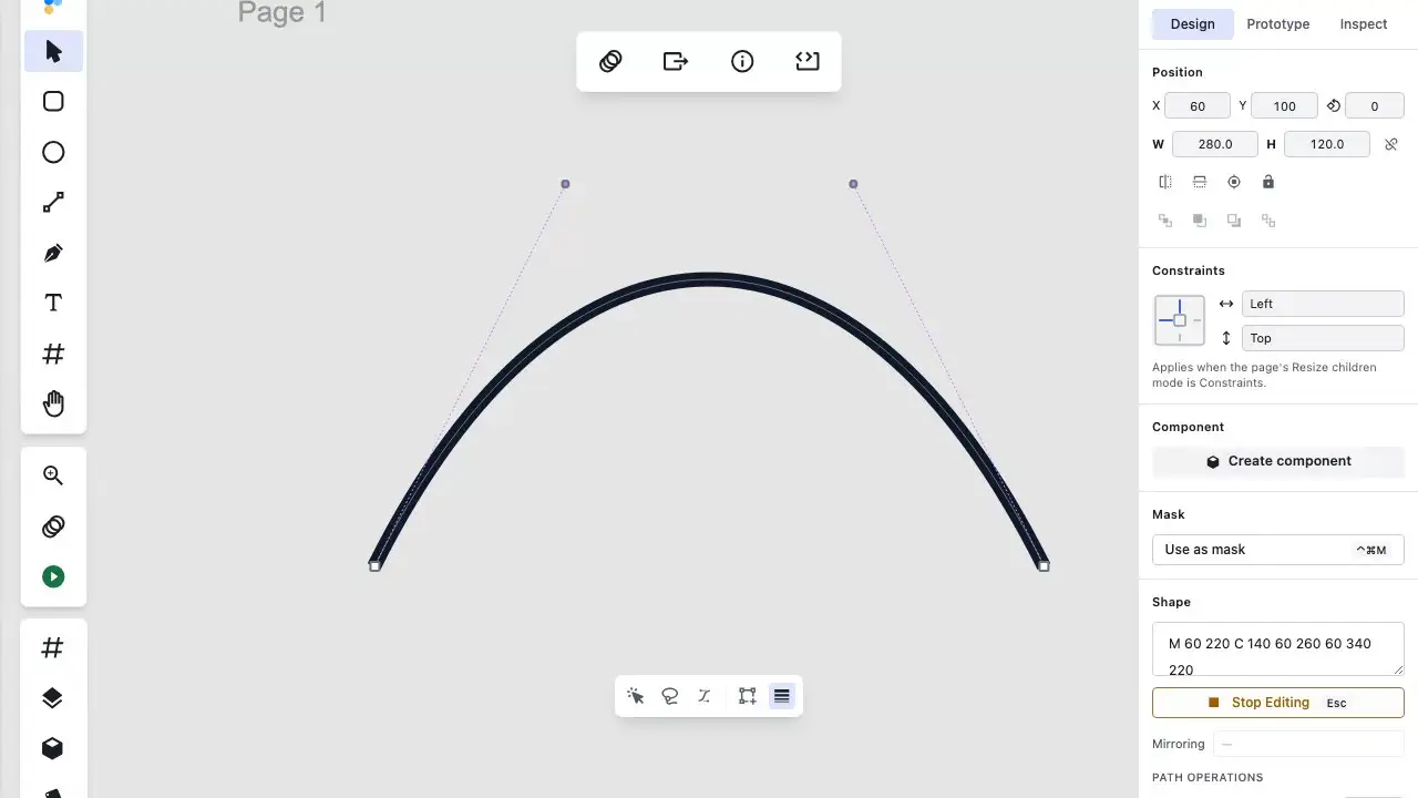 Animated demonstration of using the Variable Width tool in Figpea: hovering a stroke to preview a handle, adding a width point, dragging handles to expand stroke thickness, and sliding the width point along the path.