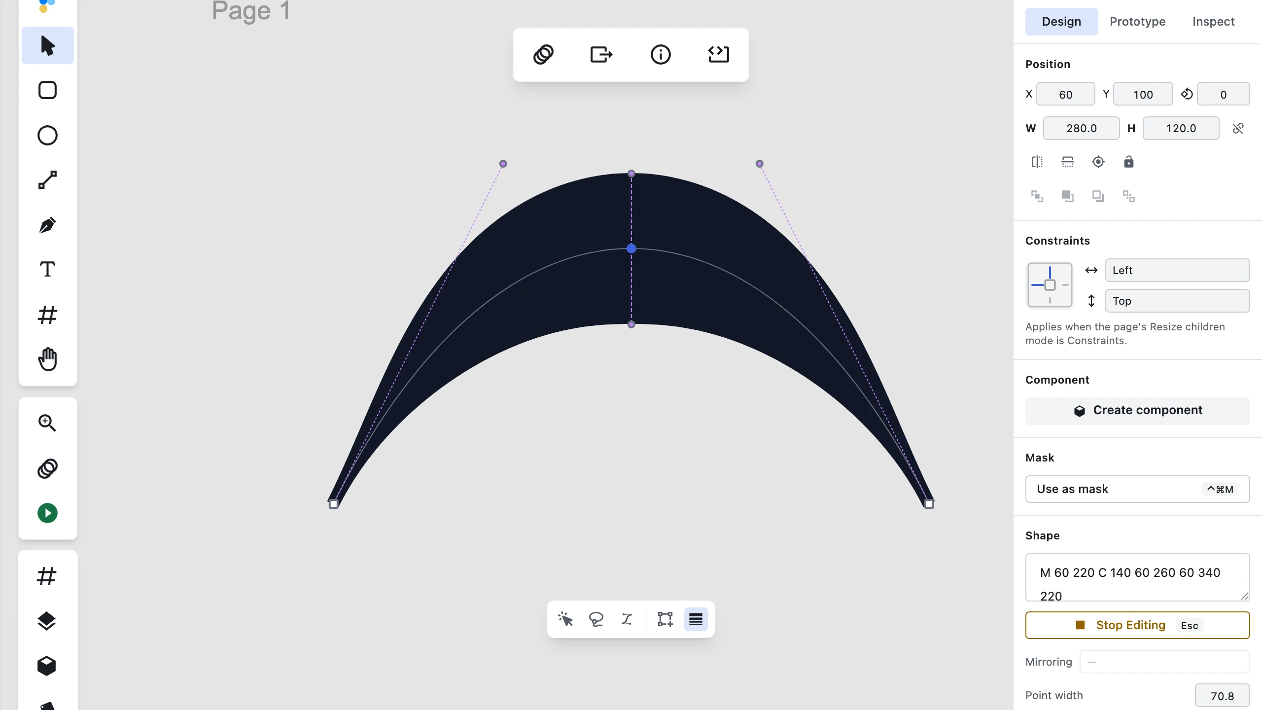 Figpea's vector edit mode showing an arc whose stroke is thick through the apex and tapers to points at both ends, with a width point handle on the curve, and the inspector's "Point width" field reading 70.8 beside the Mirroring control
