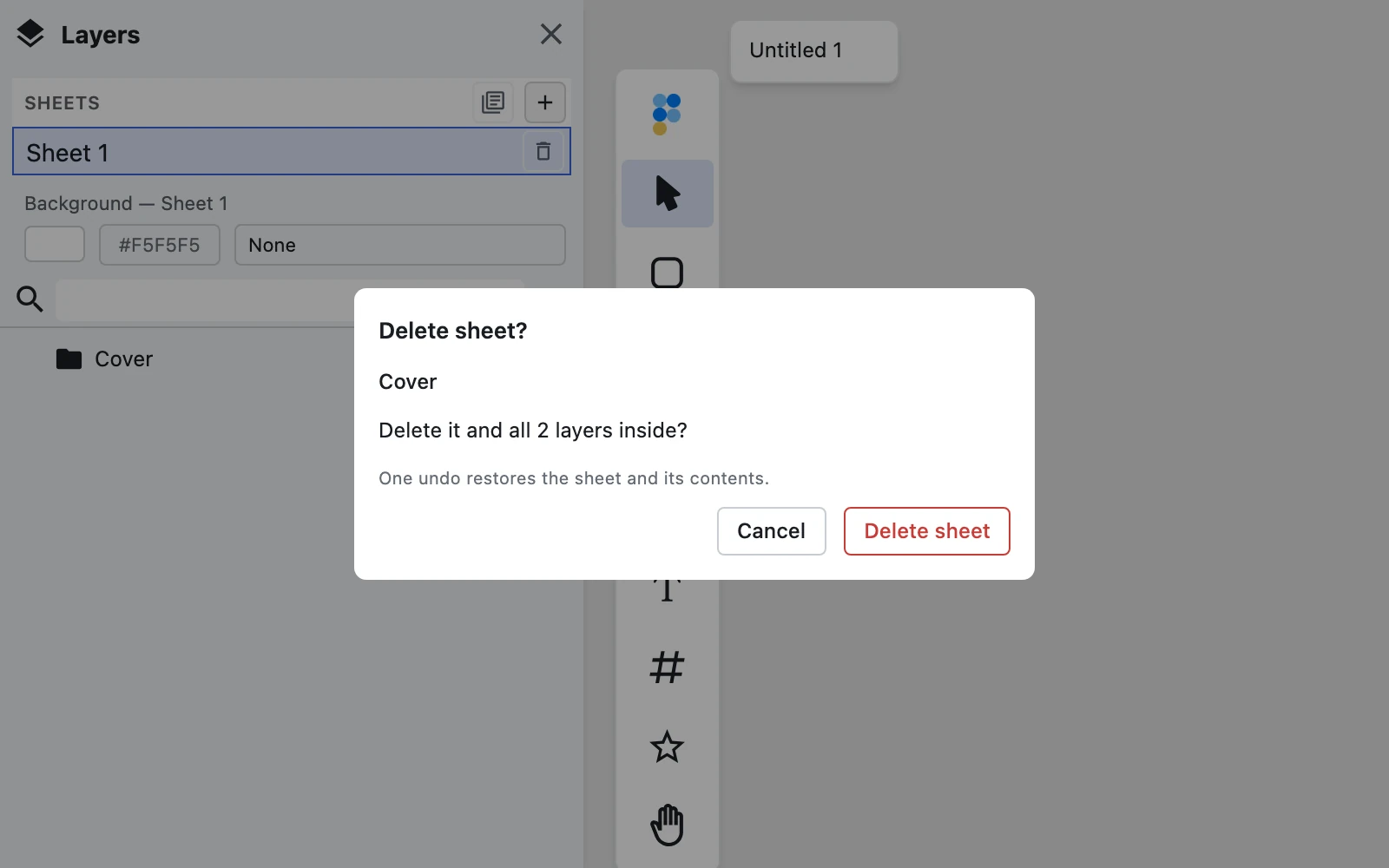 Delete confirmation dialog for a sheet whose first root is the Cover group, stating that 2 layers will be deleted with it, with Delete sheet and Cancel buttons.