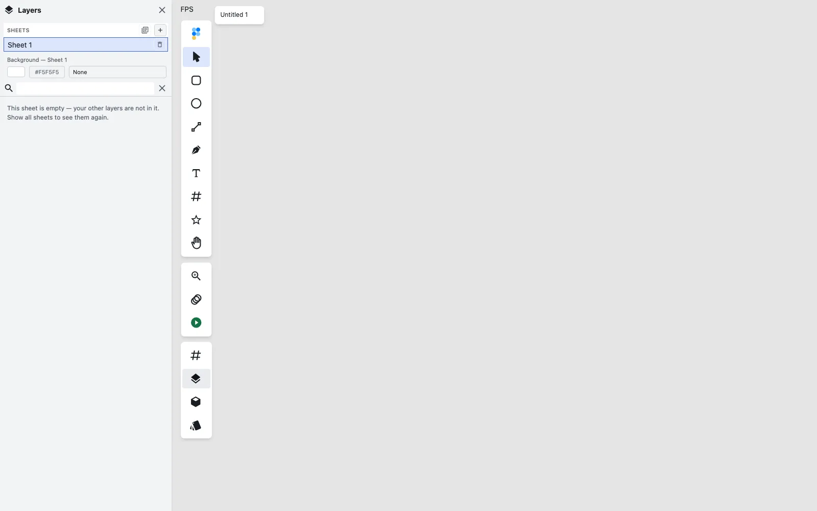 The Layers panel with an empty sheet active: an explanation that the sheet is empty and the file's other layers are not in it, with the show-everything control labeled.