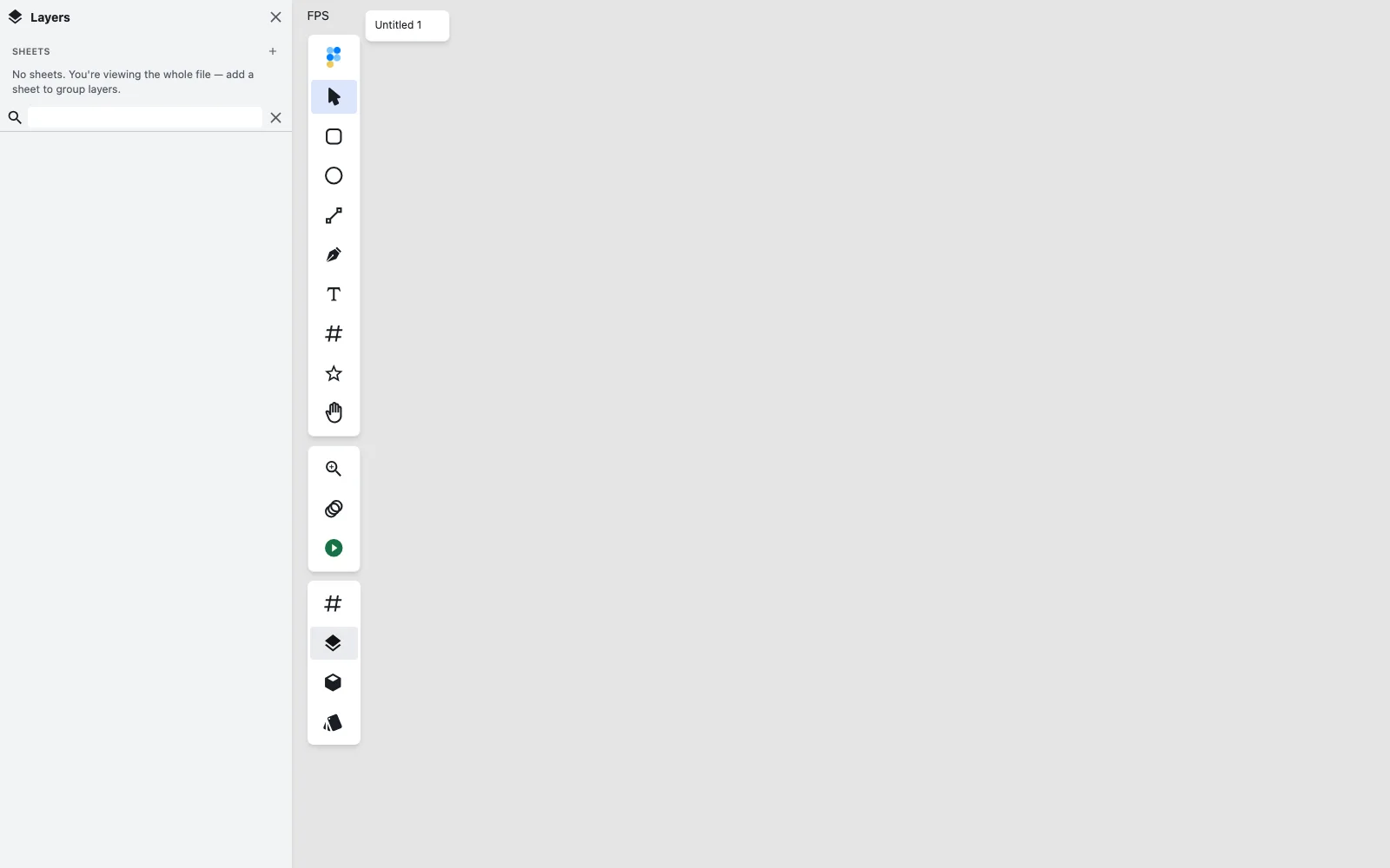 The Layers panel with no sheets: the section header with its eye and + controls, and a line of muted text explaining that you are viewing the whole file.