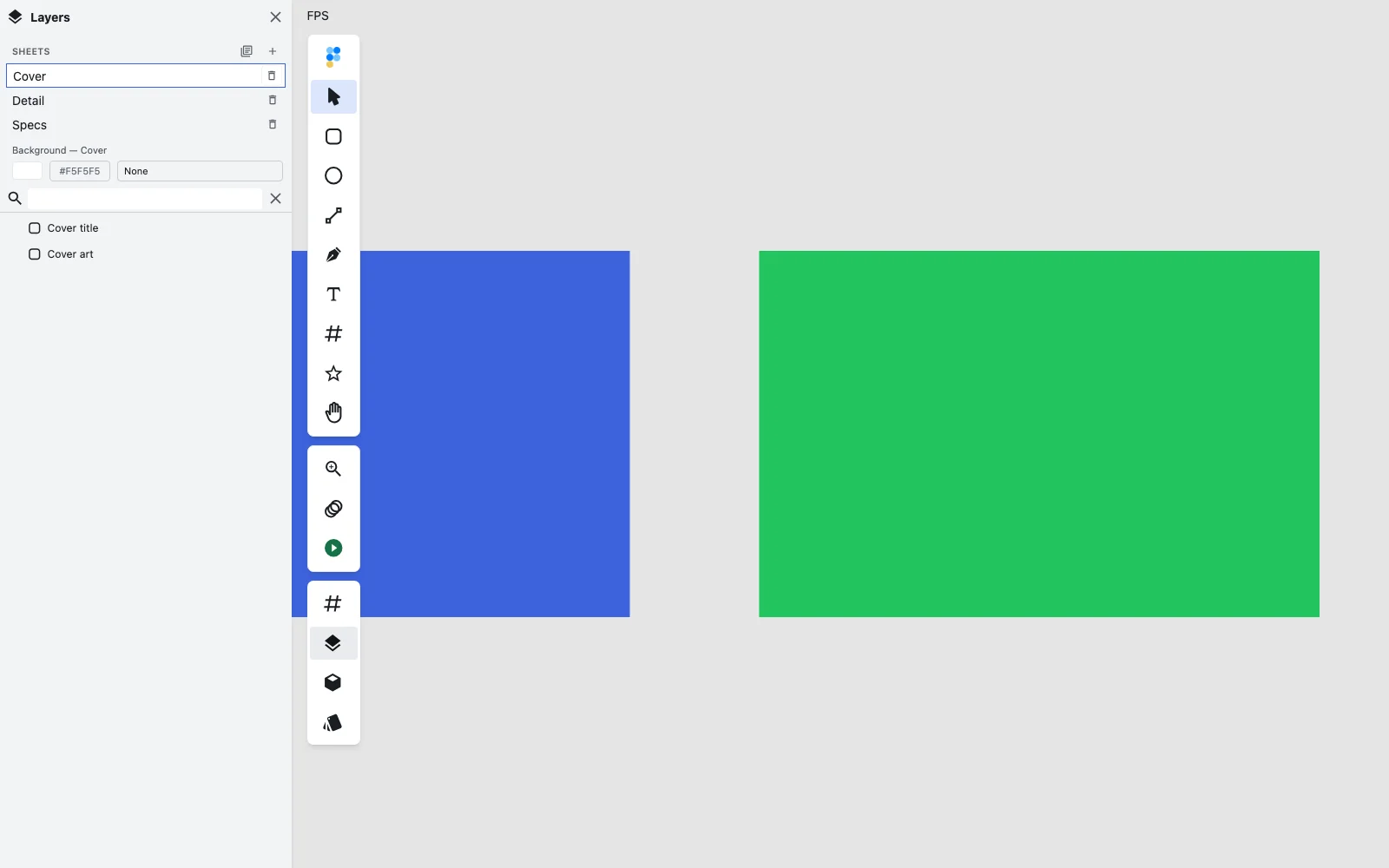 The Layers panel with three sheets listed — Cover, Detail and Specs — with Cover selected, its background fill set to a warm off-white, and Cover's own layers listed in the tree below.