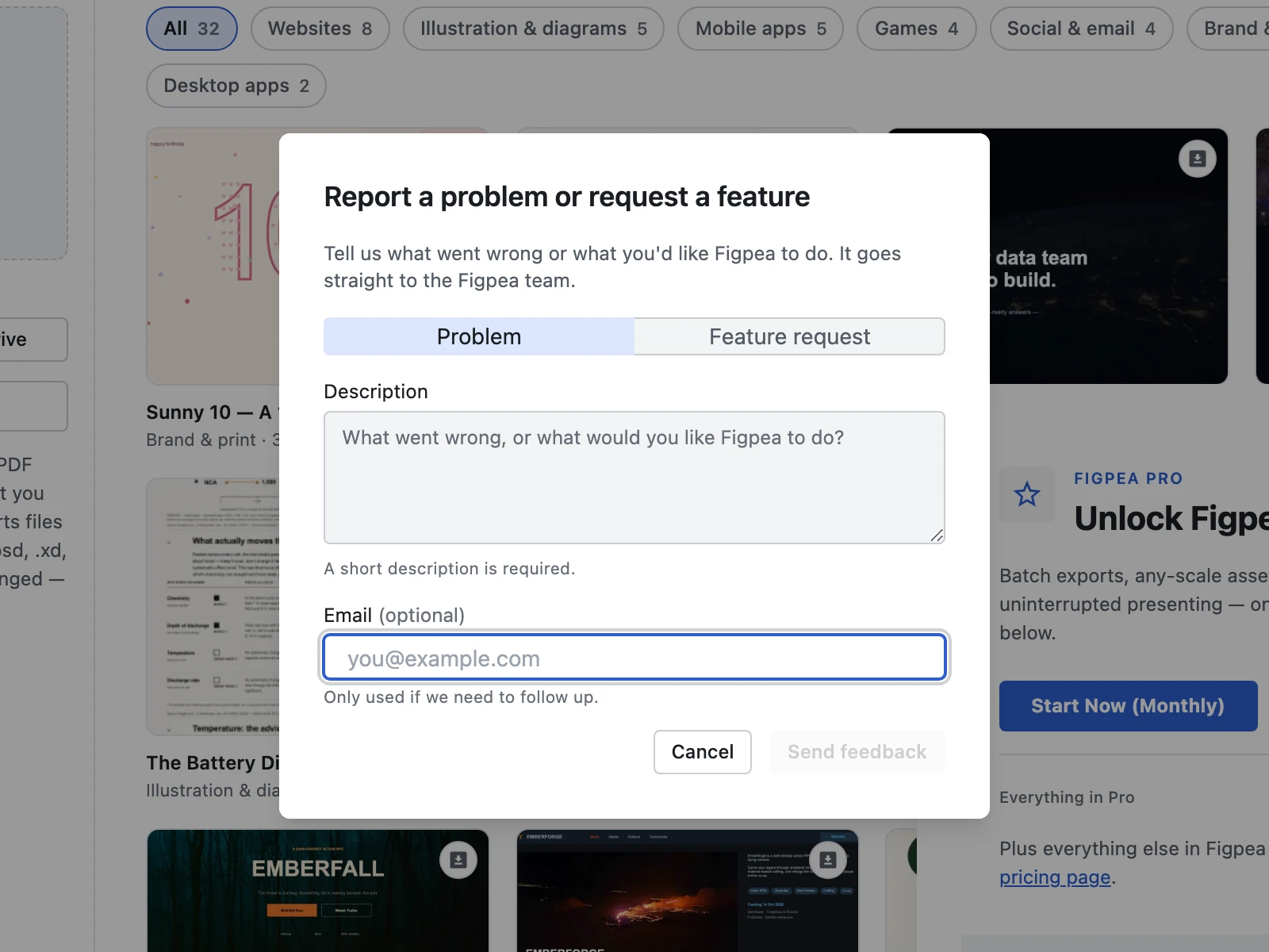 The Help feedback dialog in the Figpea editor, with the Problem / Feature-request picker, a description field, and an optional email field