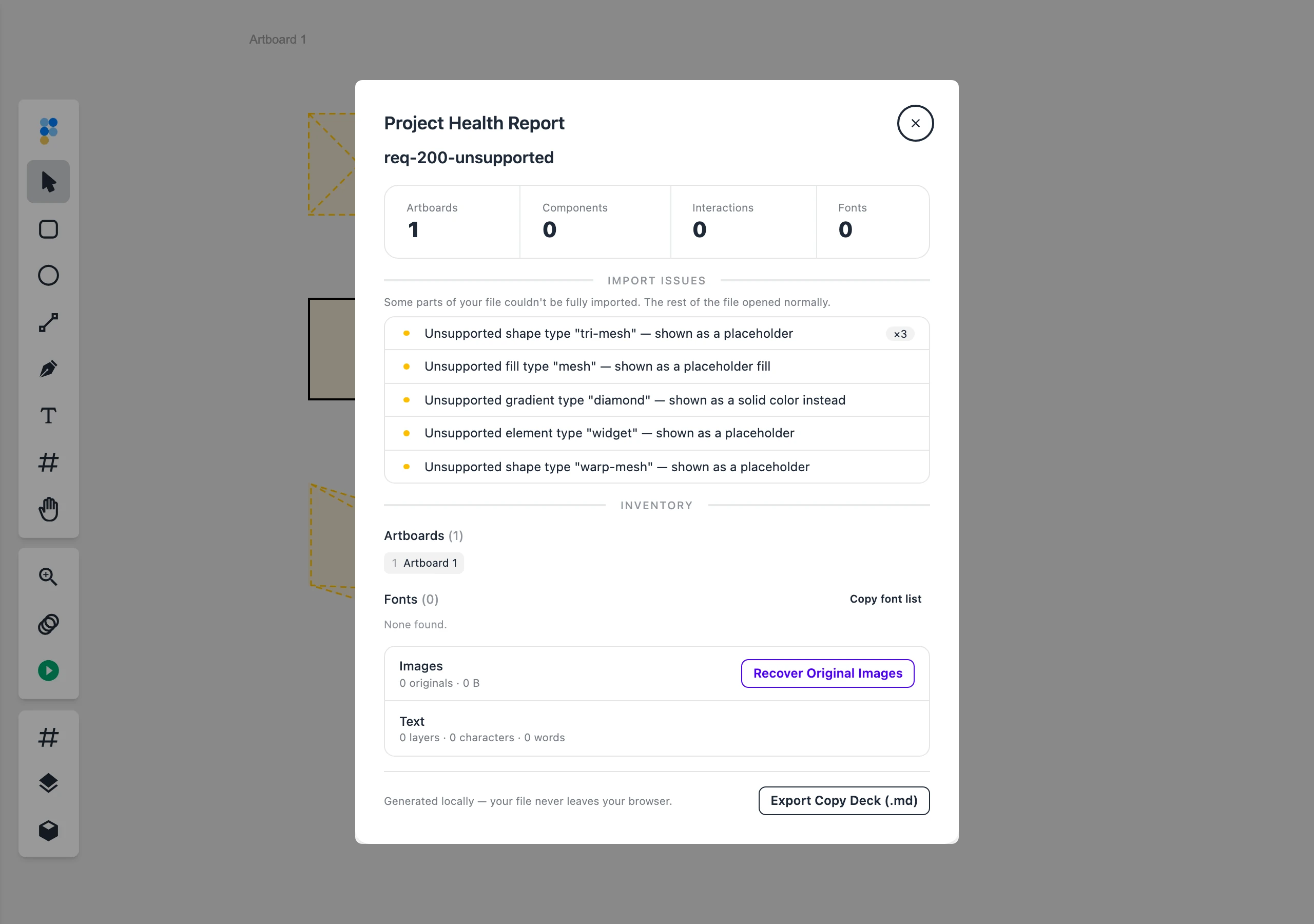Figpea's Project Health Report showing an Import Issues panel that lists each unsupported feature in plain language