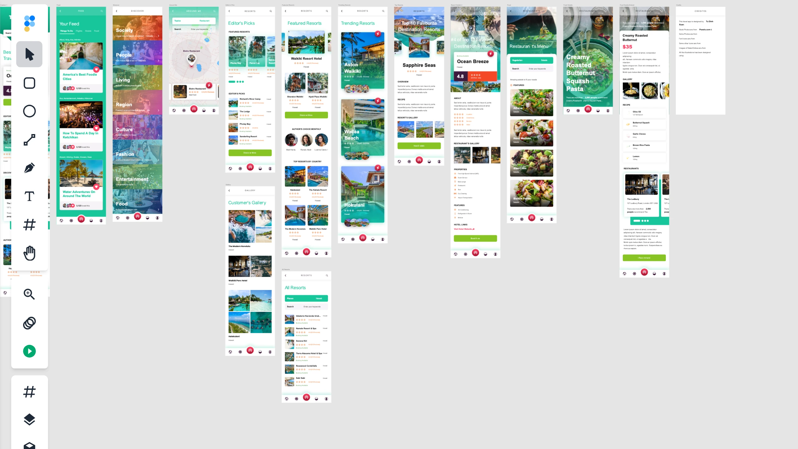 An Adobe XD travel app opened in Figpea, rendering photos, gradients, and shadows faithfully