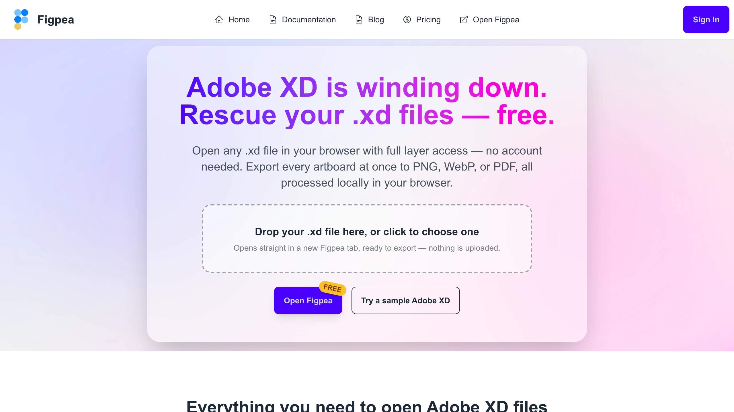 The Figpea XD rescue landing page: open any .xd file in your browser, free