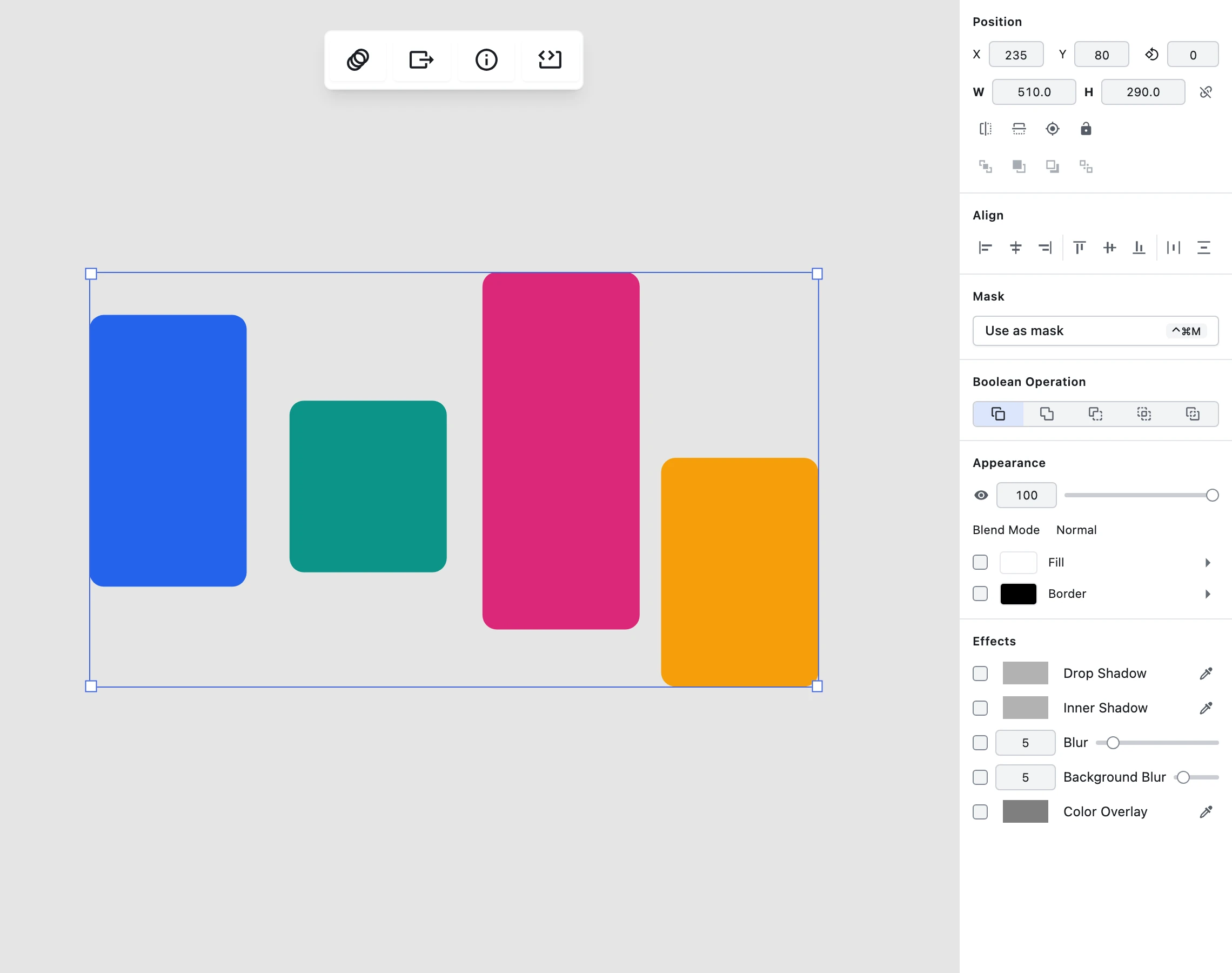 Four rectangles of different heights selected together on a Figpea page, with the inspector's new Align section showing the three horizontal edge buttons, the three vertical ones and the two distribute buttons