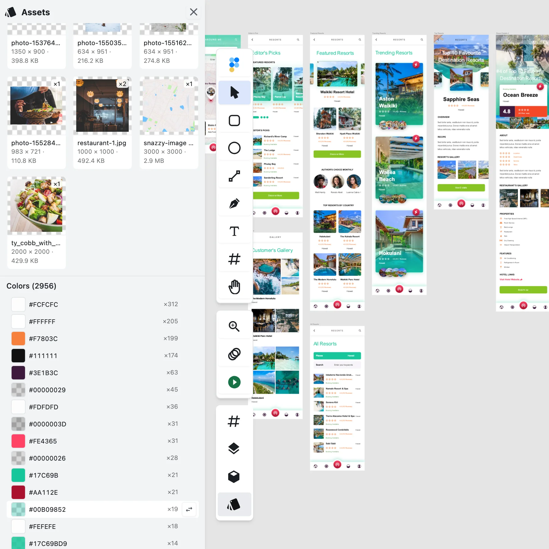 The Assets panel in Figpea open on an imported Adobe XD travel app: the Images section's tiles carry each image's pixel size, byte size and a usage badge, and below them a Colors section lists every colour the project actually uses as deduplicated swatches with a usage count beside each one
