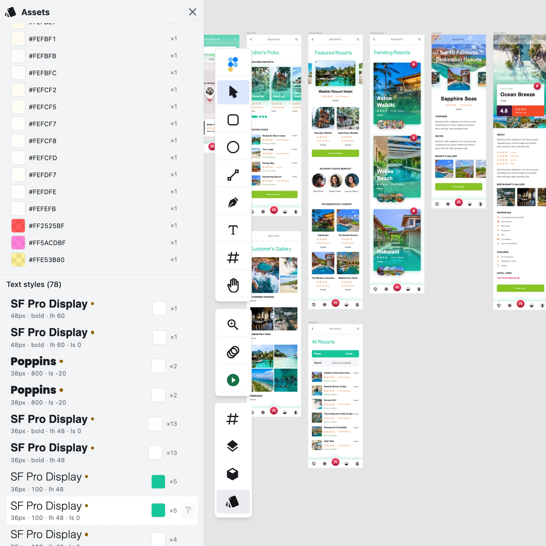 The Assets panel's new Text styles section in Figpea, listing the imported project's typography with each row's font, pixel size, weight, line height and letter spacing, a colour swatch and a count of how many layers use it, scrolled below the panel's Colors list