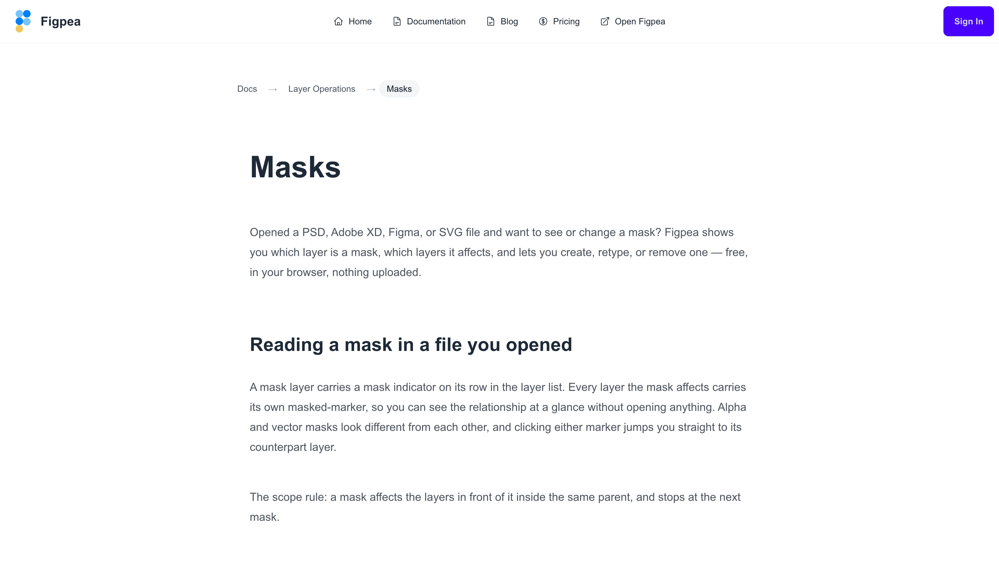 The new Masks article in the Figpea docs, breadcrumb reading Docs, Layer Operations, Masks, opening with what it does for a mask in a PSD, Adobe XD, Figma or SVG file you opened, then the Reading a mask section explaining the mask indicator, the masked-marker on every layer it affects, and the scope rule that a mask affects the layers in front of it and stops at the next mask